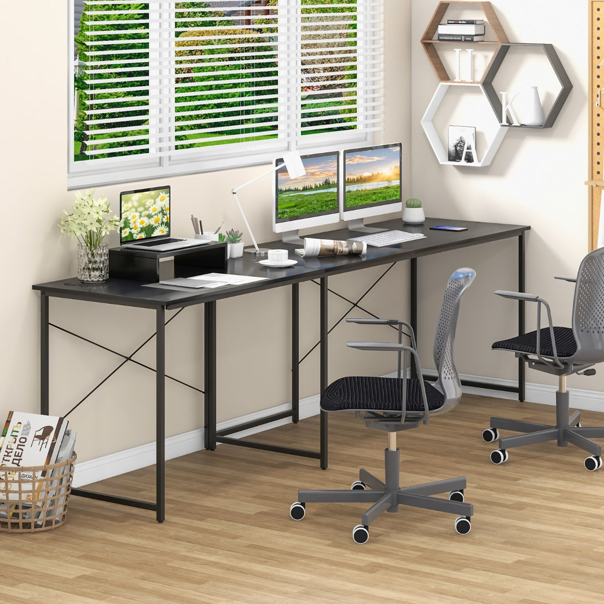 Reversible Corner Study Workstation and Writing Desk with Monitor Stand-Black