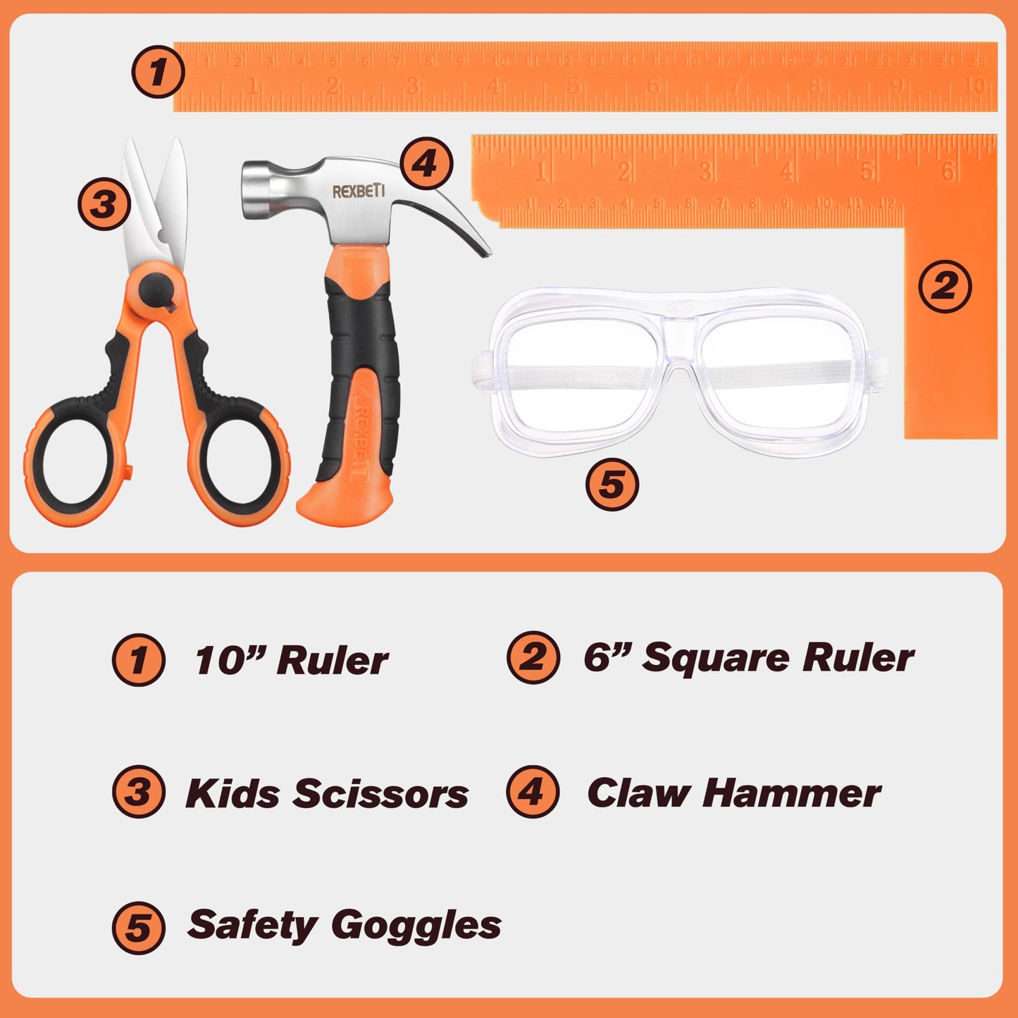 REXBETI 10-Piece Kids Real Tools Set with Orange Storage Bag | DIY & Woodworking for 6+