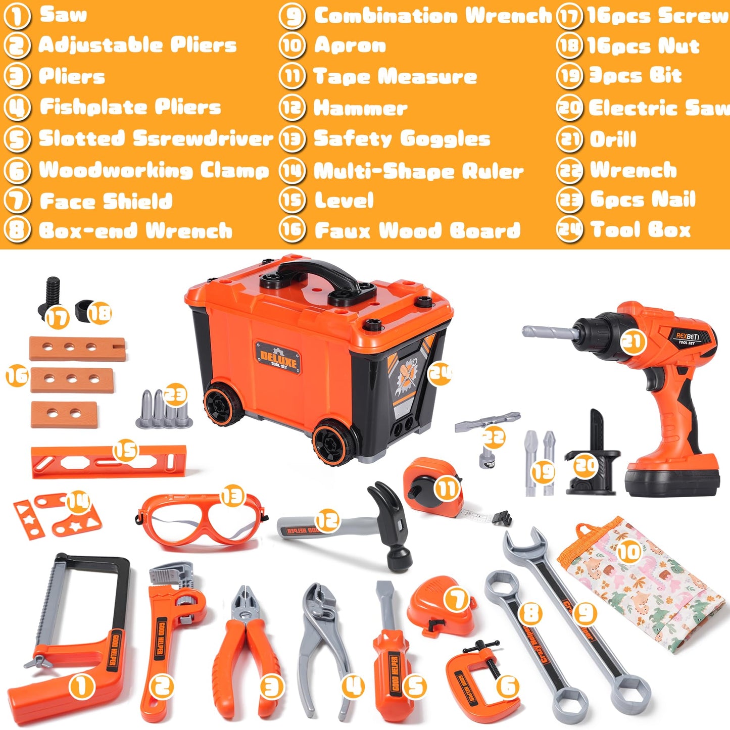 REXBETI Kids Tool Set with Box & Electric Drill | Pretend Play Workbench for Ages 3-8