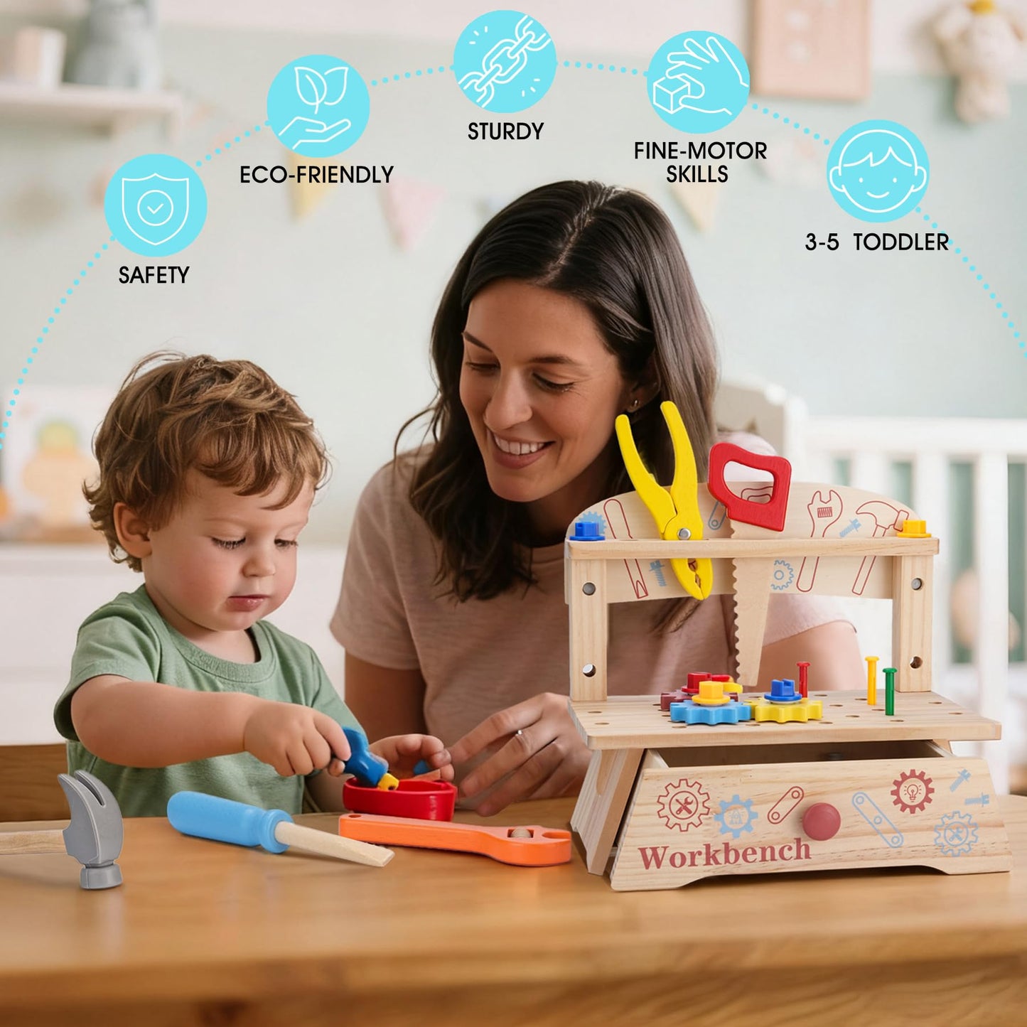 REXBETI Kids Wooden Tool Set with Apron – Montessori Pretend Play for Ages 3-5