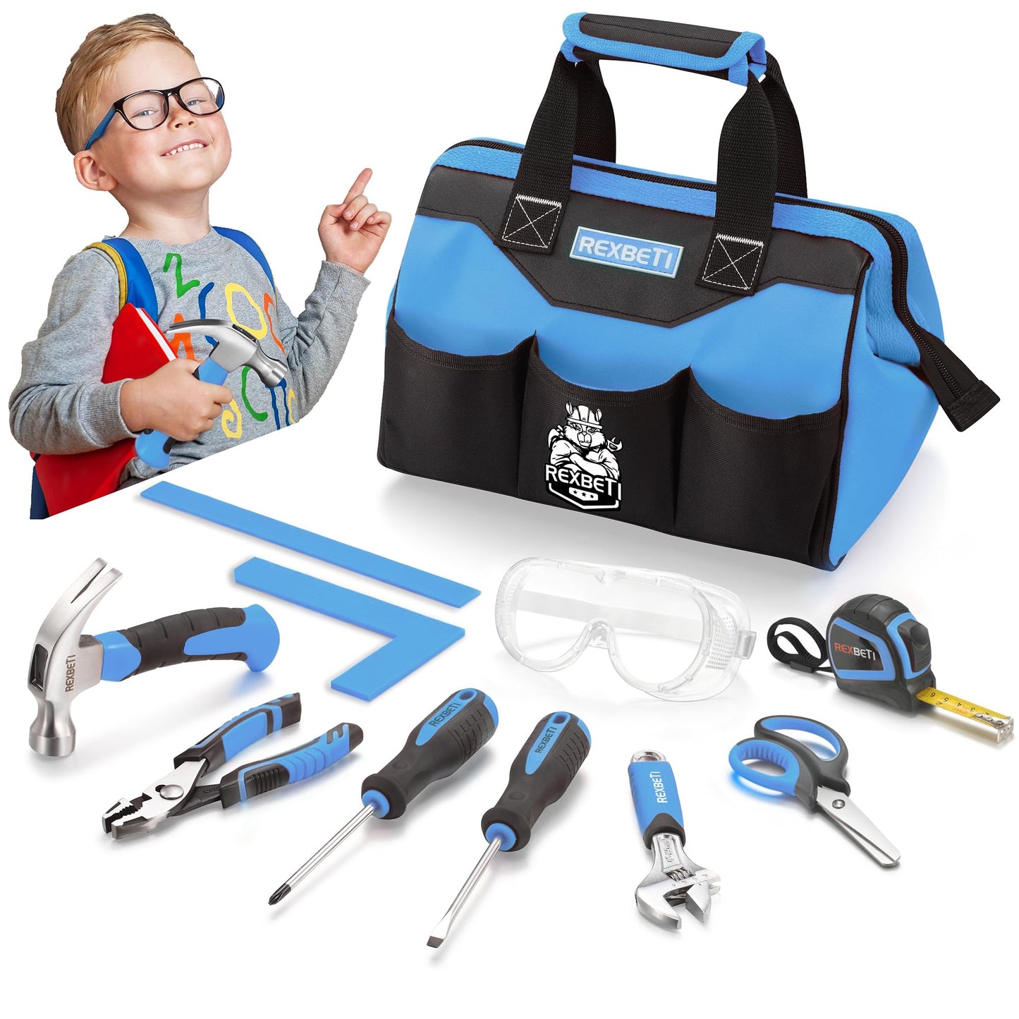 REXBETI 10-Piece Kids Tool Set with Real Tools – Blue Storage Bag for Home DIY & Woodworking (6+ Years)