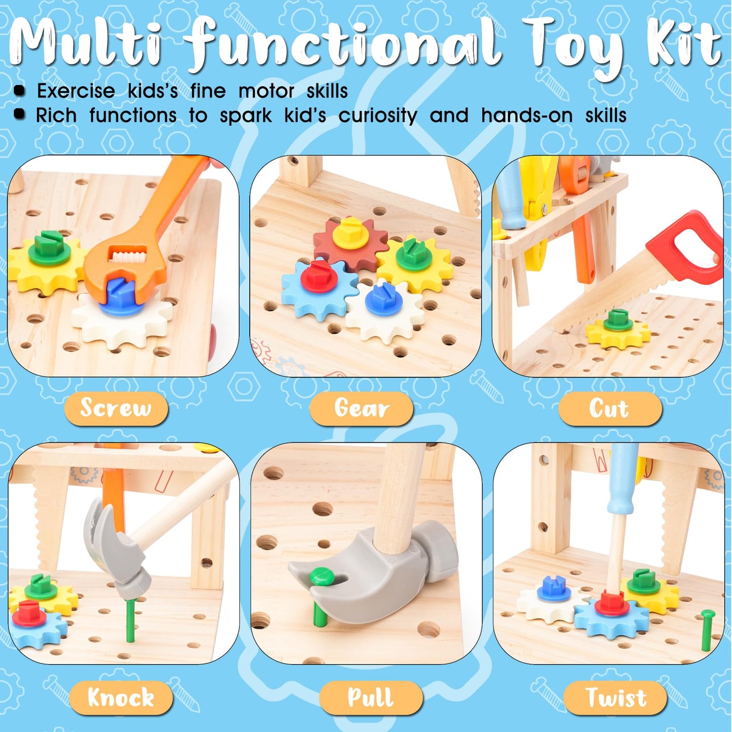REXBETI Kids Wooden Tool Set with Apron – Montessori Pretend Play for Ages 3-5