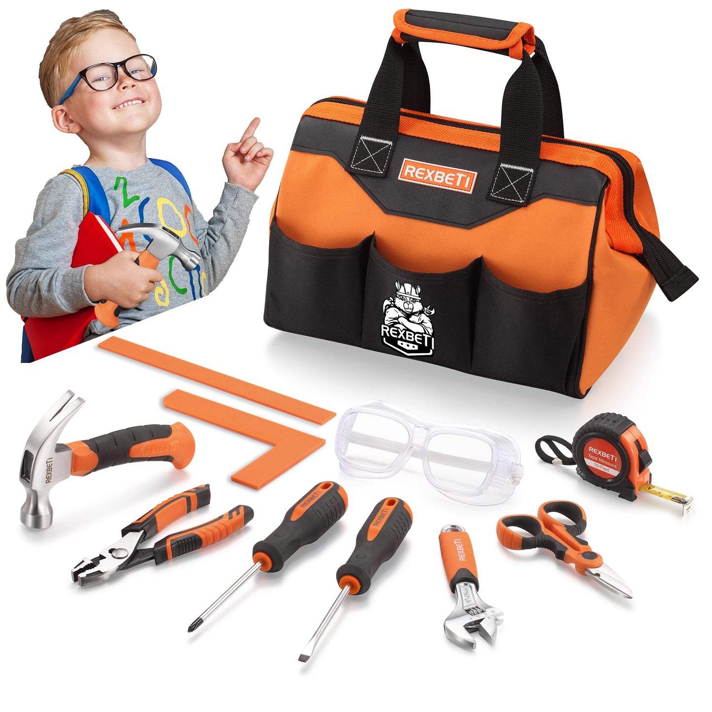 REXBETI 10-Piece Kids Real Tools Set with Orange Storage Bag | DIY & Woodworking for 6+