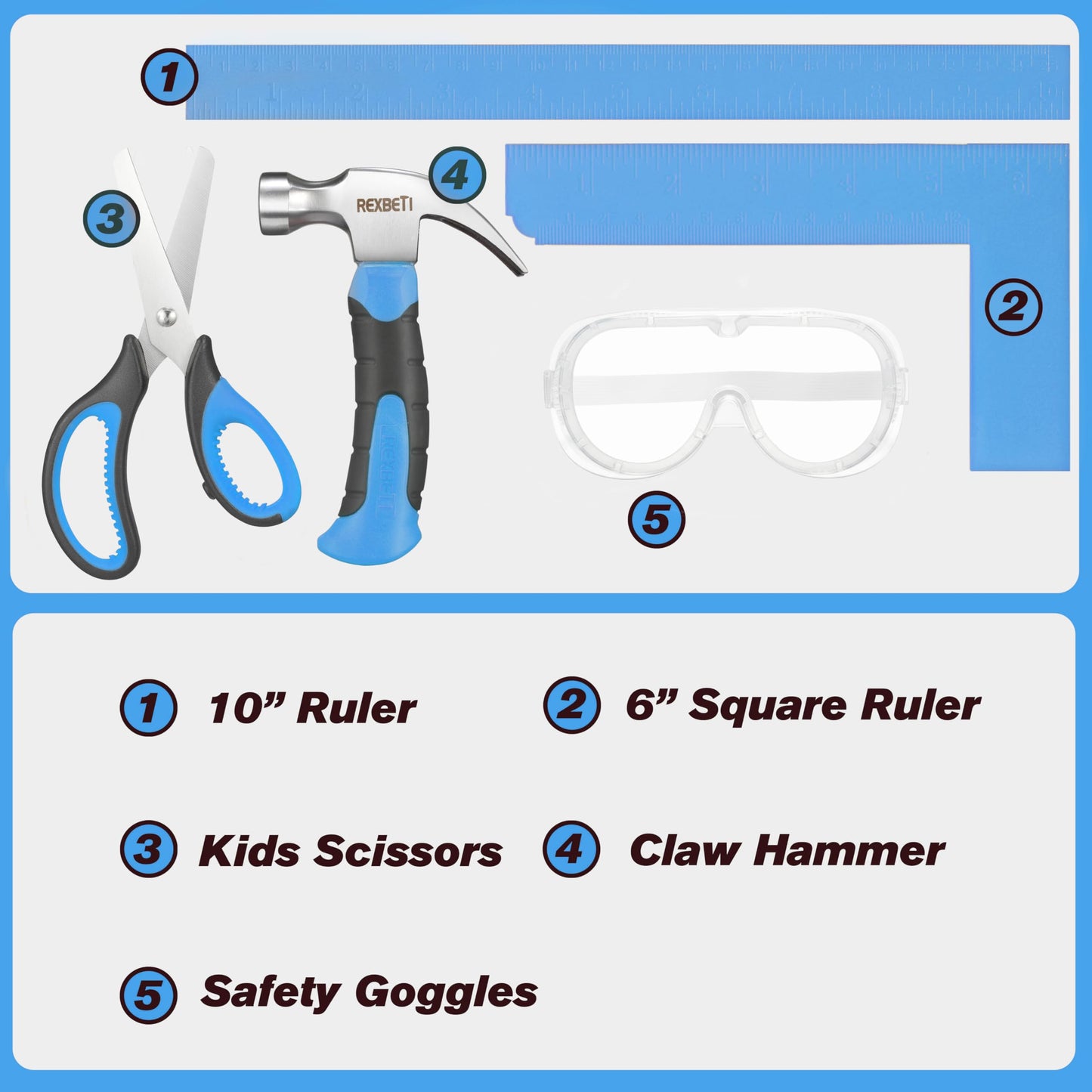 REXBETI 10-Piece Kids Tool Set with Real Tools – Blue Storage Bag for Home DIY & Woodworking (6+ Years)