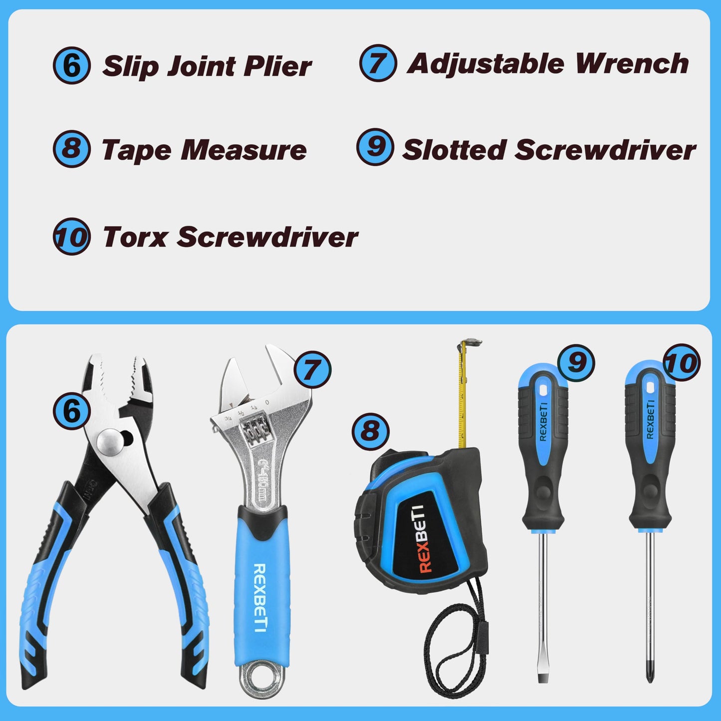 REXBETI 10-Piece Kids Tool Set with Real Tools – Blue Storage Bag for Home DIY & Woodworking (6+ Years)