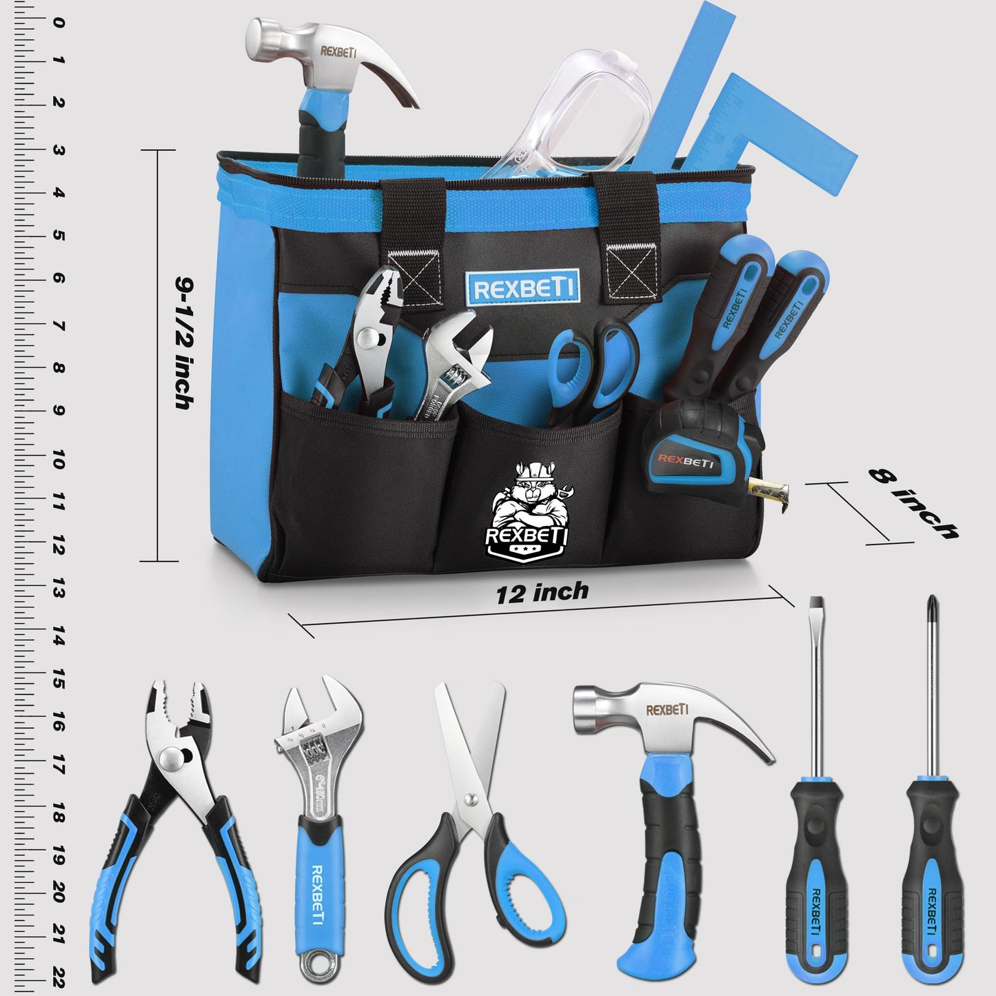 REXBETI 10-Piece Kids Tool Set with Real Tools – Blue Storage Bag for Home DIY & Woodworking (6+ Years)