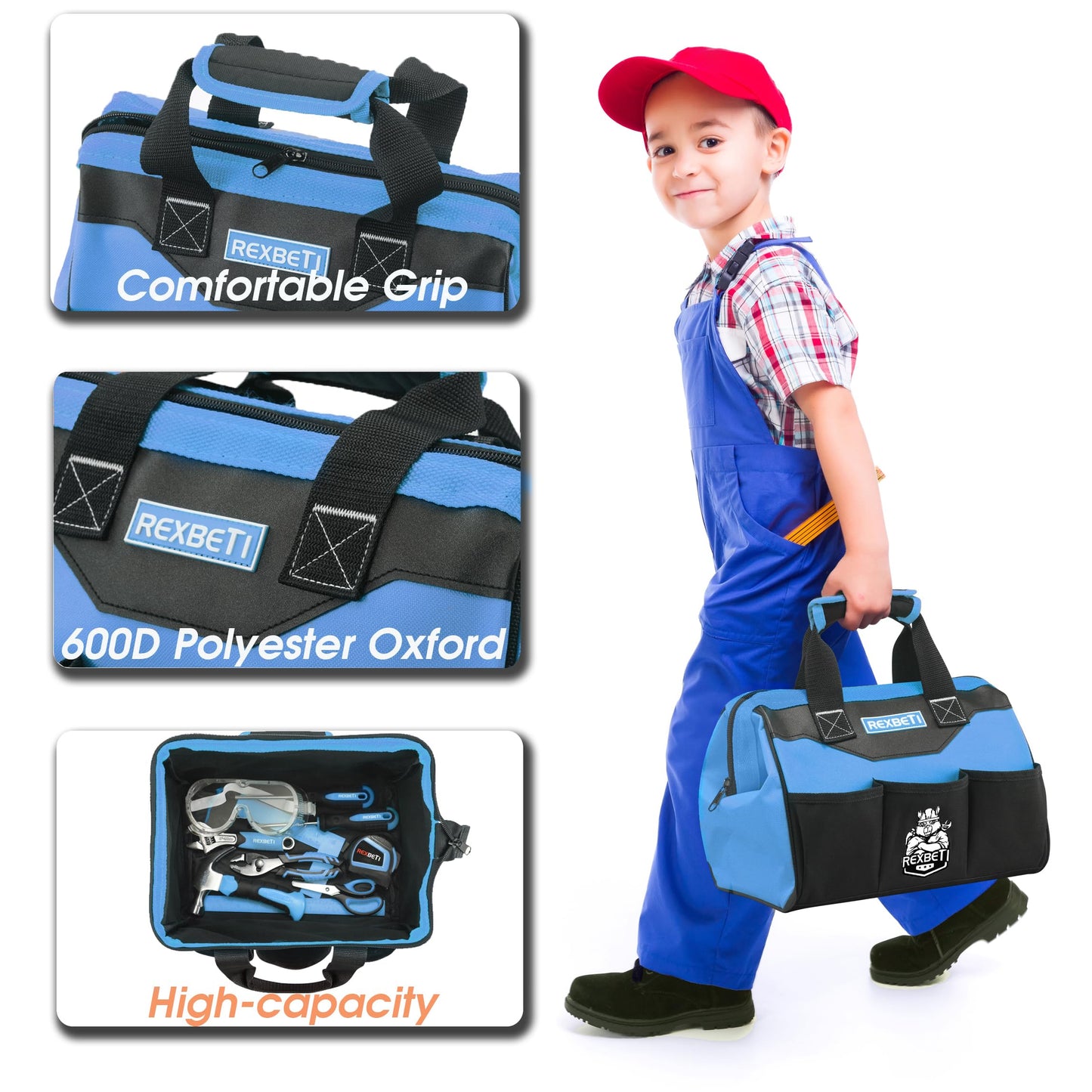 REXBETI 10-Piece Kids Tool Set with Real Tools – Blue Storage Bag for Home DIY & Woodworking (6+ Years)