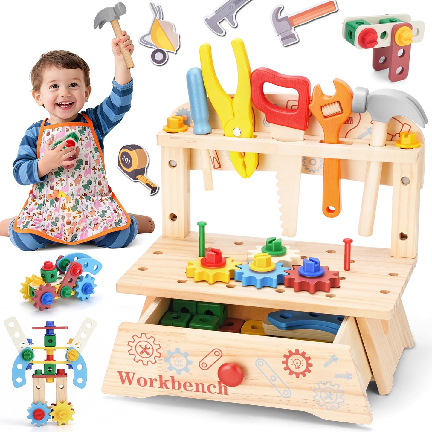 REXBETI Kids Wooden Tool Set with Apron – Montessori Pretend Play for Ages 3-5