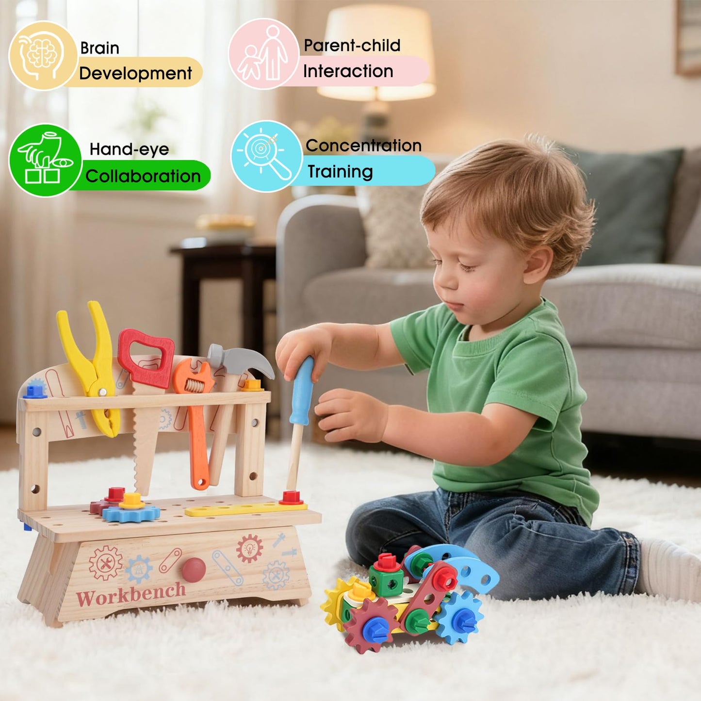 REXBETI Kids Wooden Tool Set with Apron – Montessori Pretend Play for Ages 3-5