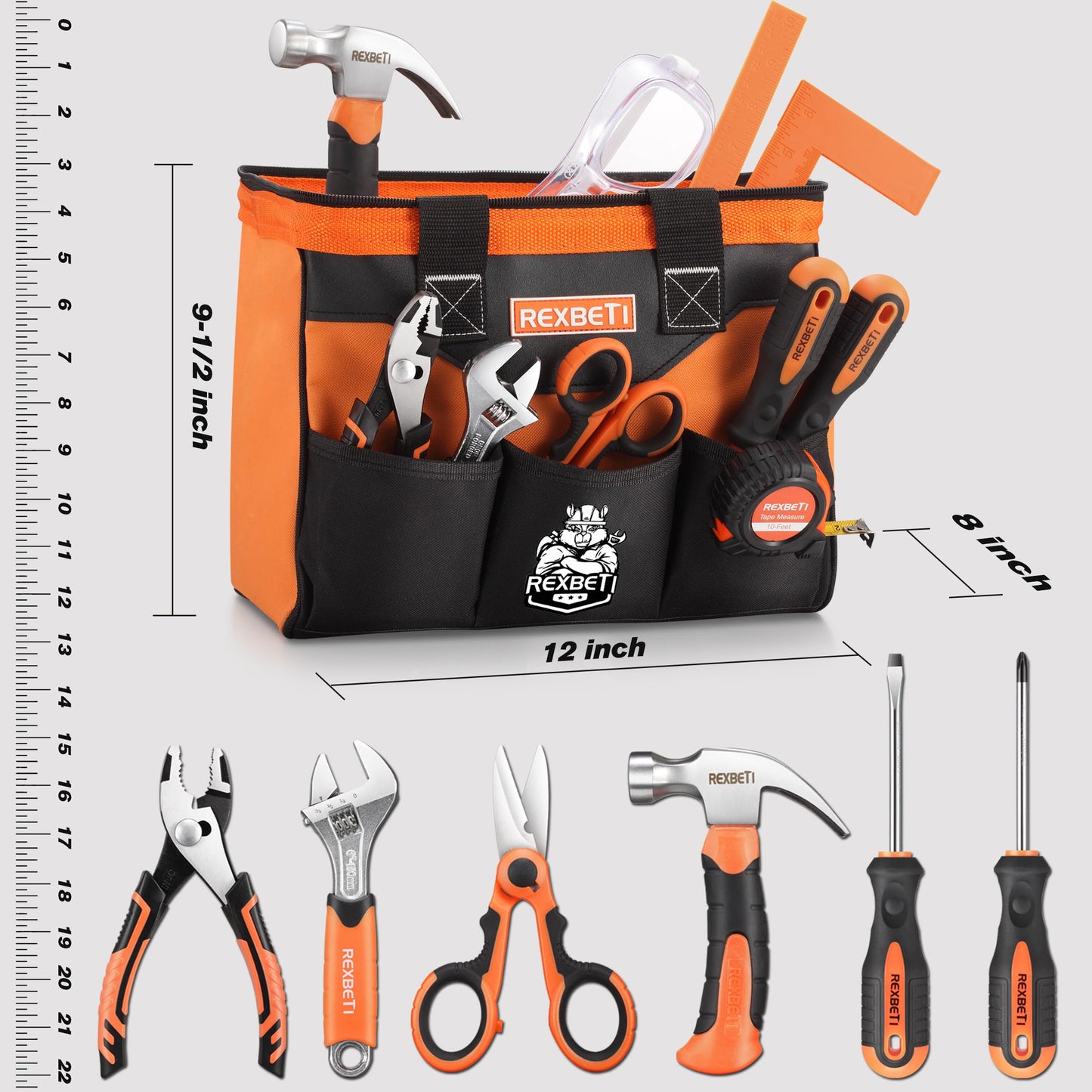 REXBETI 10-Piece Kids Real Tools Set with Orange Storage Bag | DIY & Woodworking for 6+