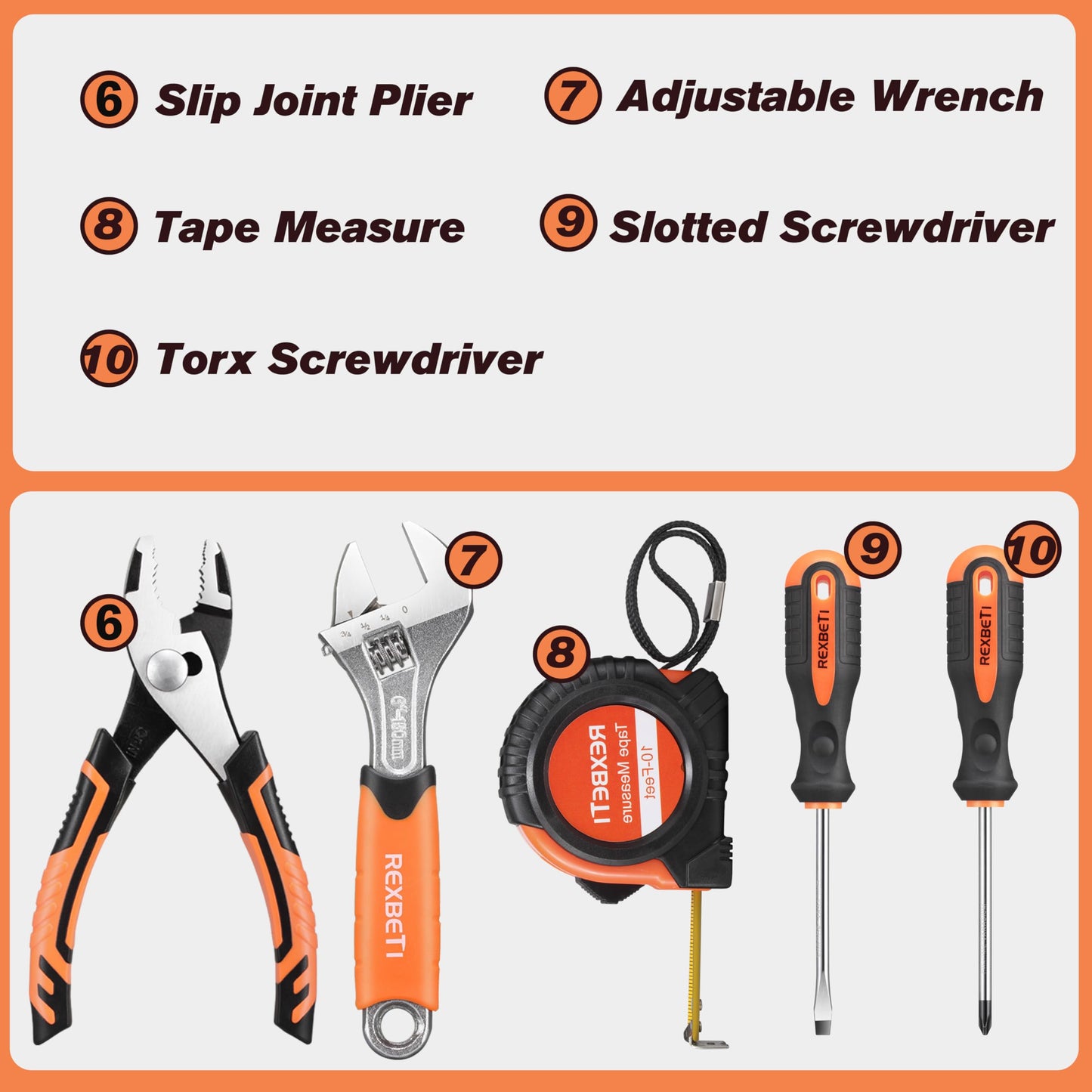 REXBETI 10-Piece Kids Real Tools Set with Orange Storage Bag | DIY & Woodworking for 6+