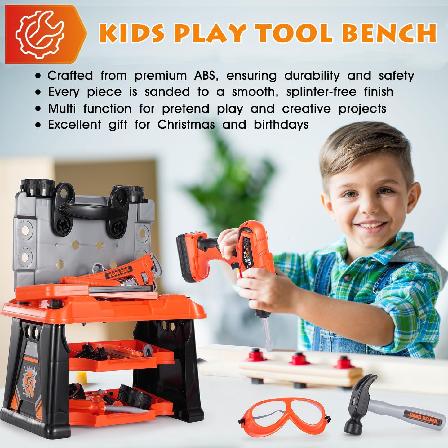REXBETI Kids Tool Set with Box & Electric Drill | Pretend Play Workbench for Ages 3-8