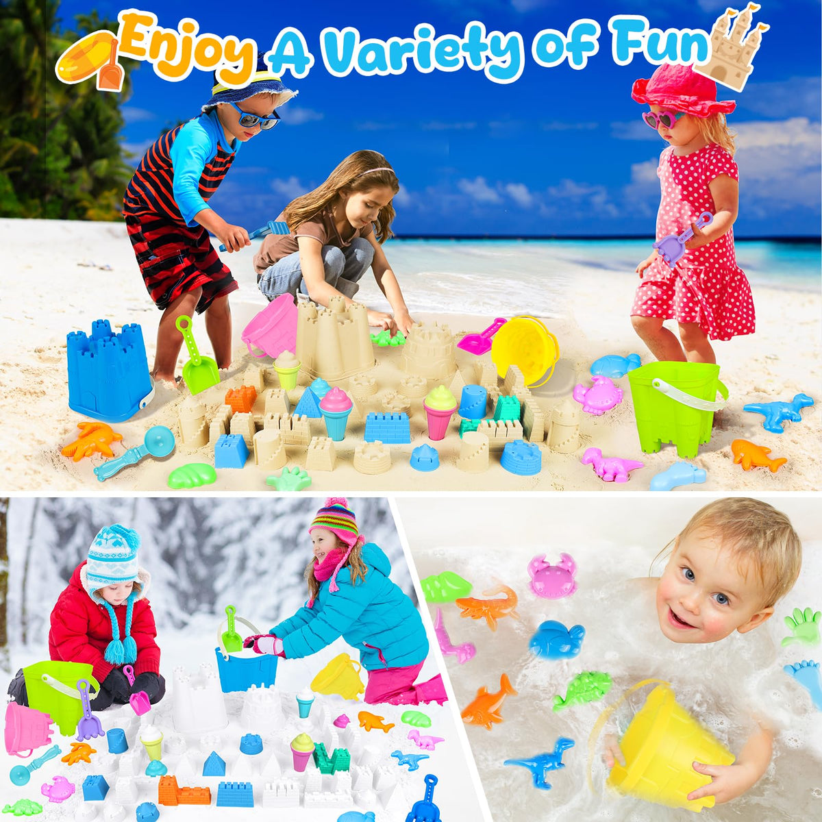 REZUCREY Beach Toys for Kids – 34-Piece Sand Castle Set with Buckets, Molds, Shovels, and Mesh Bag