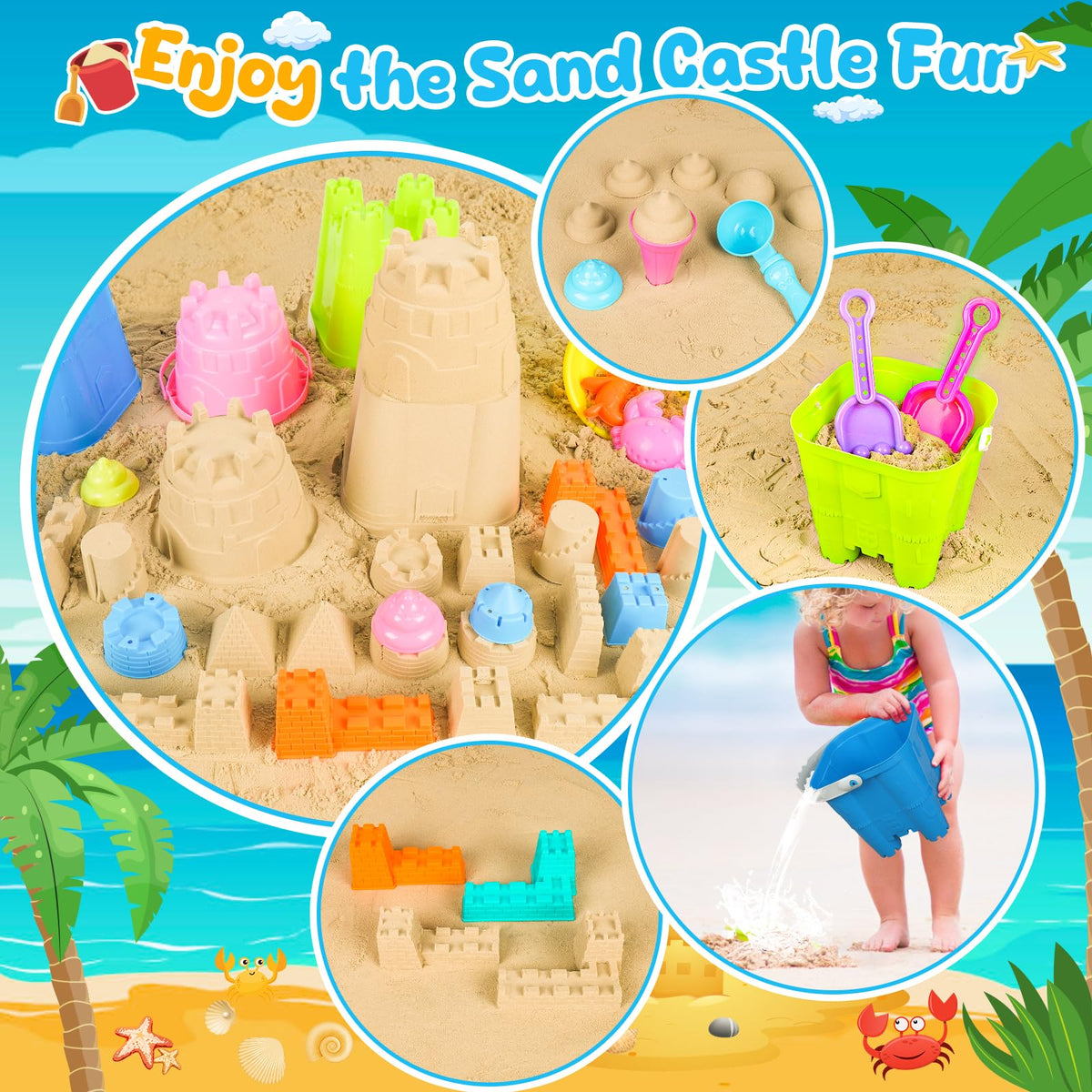 REZUCREY Beach Toys for Kids – 34-Piece Sand Castle Set with Buckets, Molds, Shovels, and Mesh Bag
