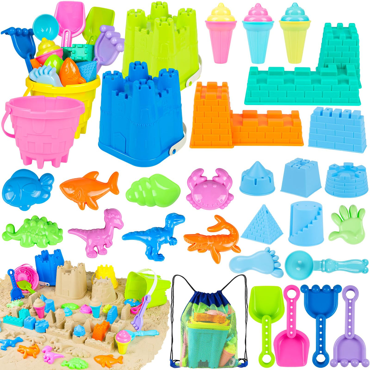 REZUCREY Beach Toys for Kids – 34-Piece Sand Castle Set with Buckets, Molds, Shovels, and Mesh Bag