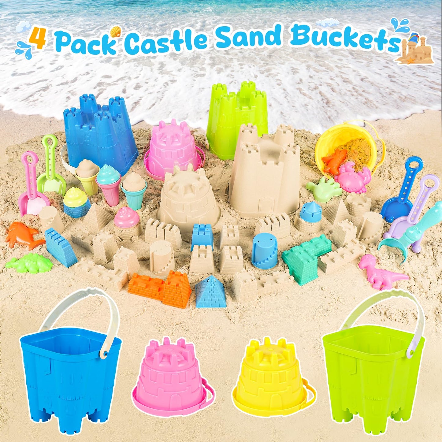 REZUCREY Beach Toys for Kids – 34-Piece Sand Castle Set with Buckets, Molds, Shovels, and Mesh Bag