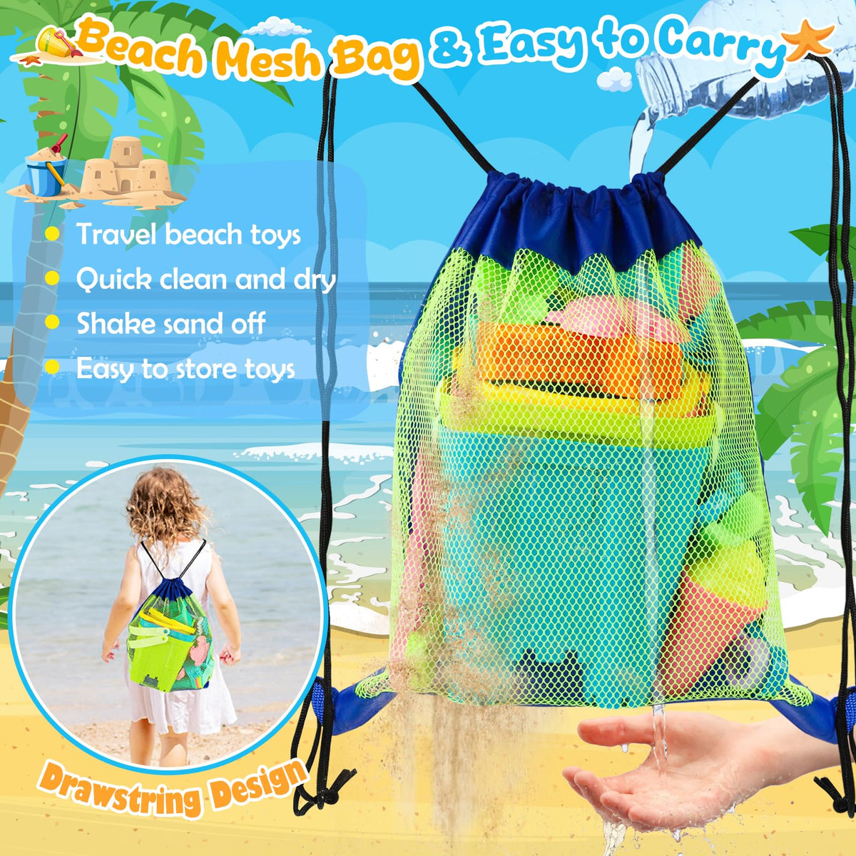 REZUCREY Beach Toys for Kids – 34-Piece Sand Castle Set with Buckets, Molds, Shovels, and Mesh Bag