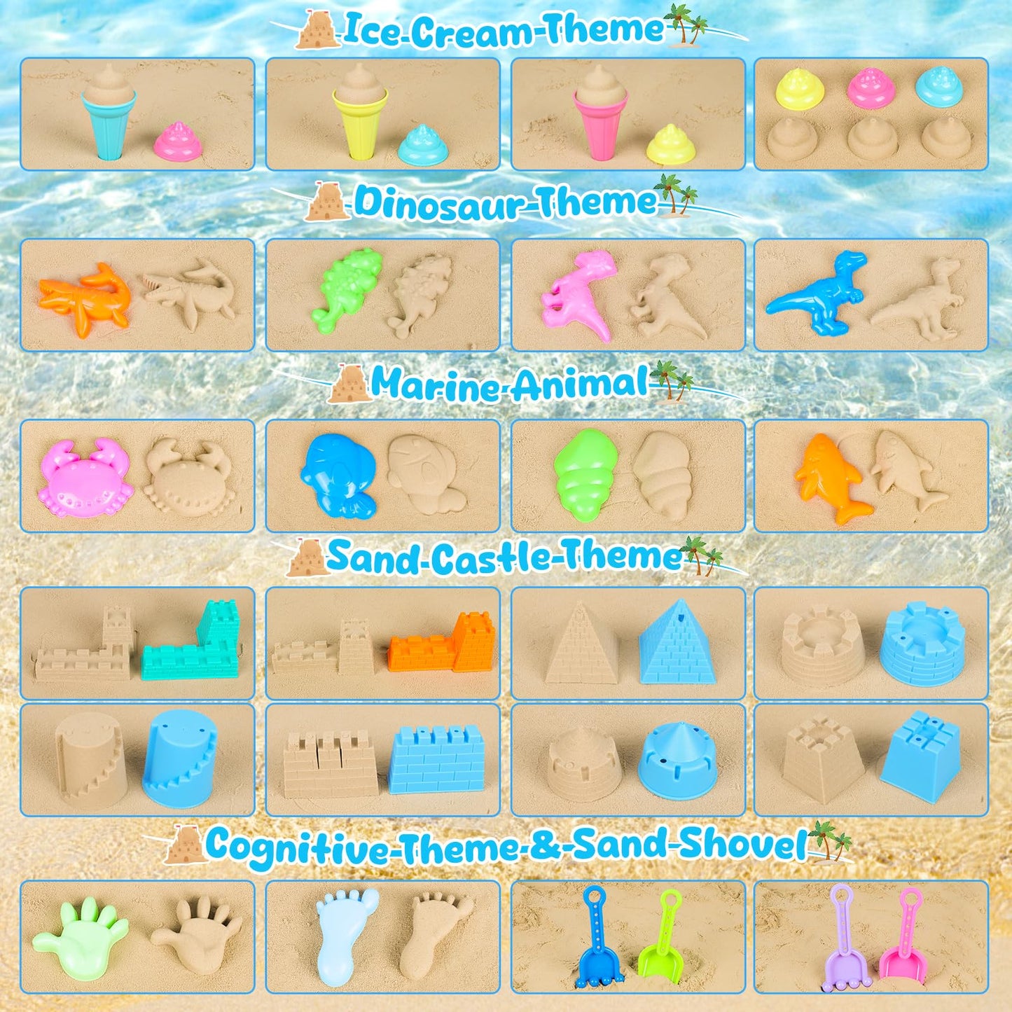 REZUCREY Beach Toys for Kids – 34-Piece Sand Castle Set with Buckets, Molds, Shovels, and Mesh Bag