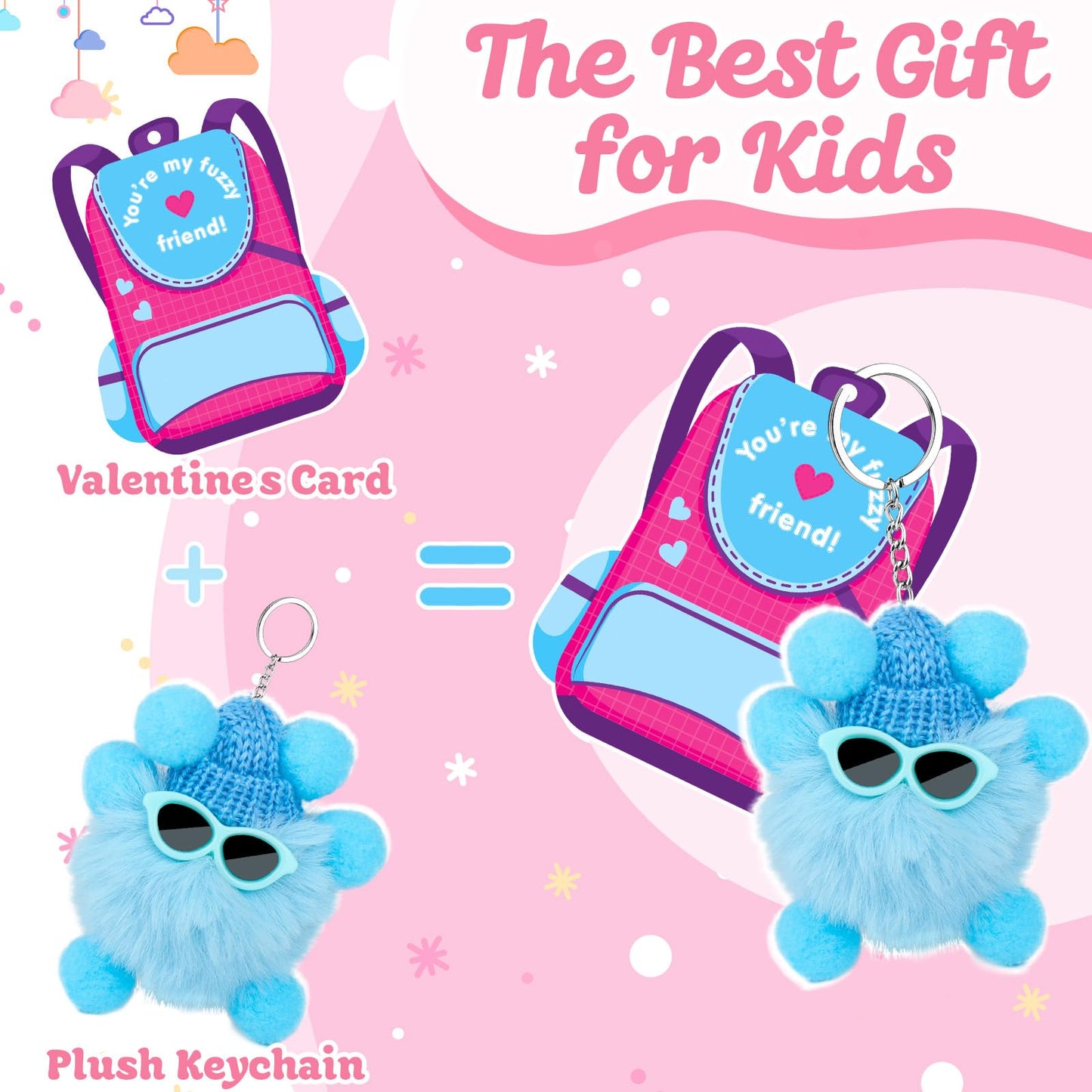 REZUCREY Valentines Plush Keychains for Kids — 24 Pack with Cards, Classroom Gifts