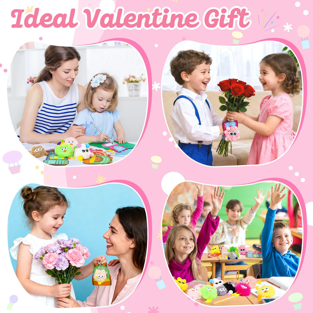 REZUCREY Valentines Plush Keychains for Kids — 24 Pack with Cards, Classroom Gifts