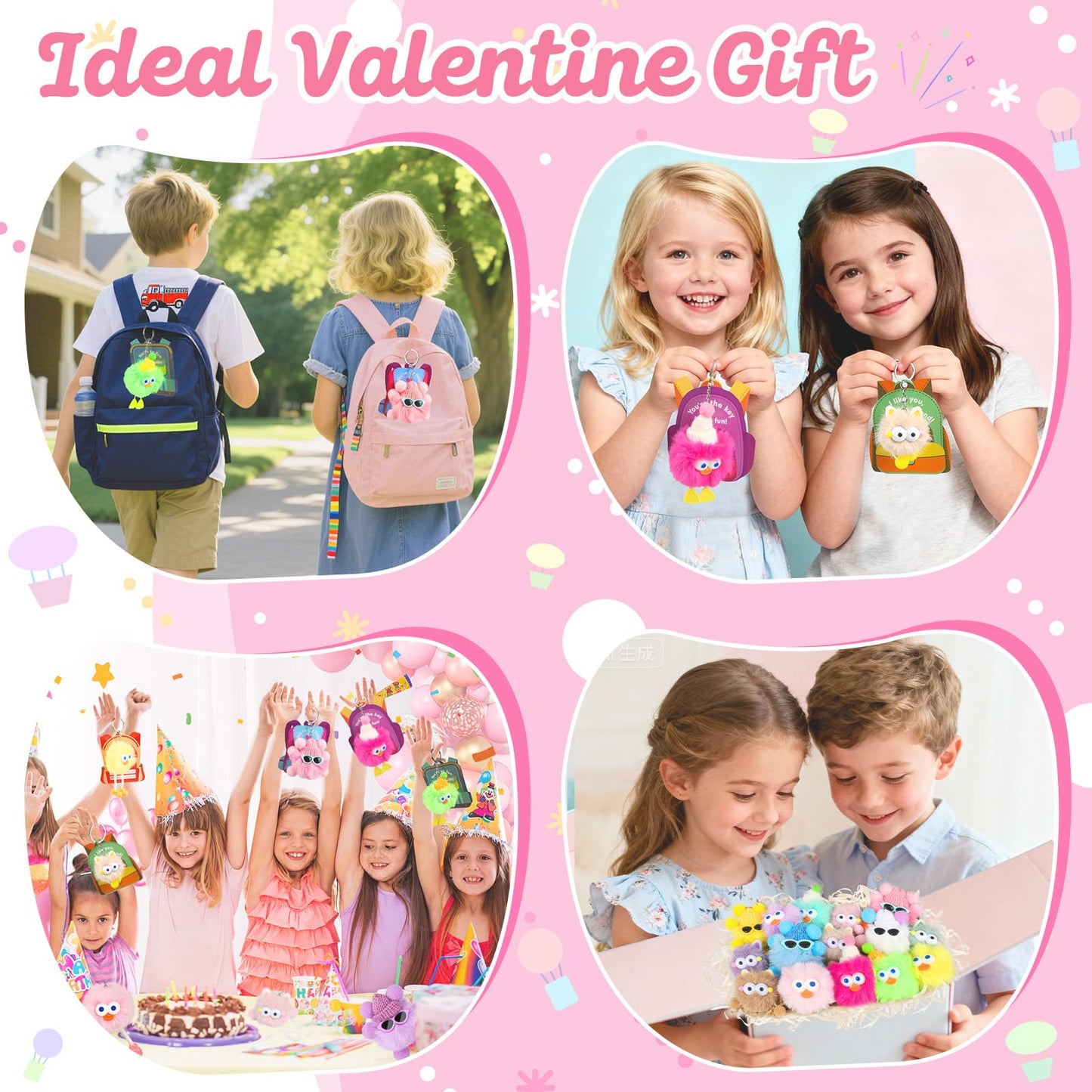 REZUCREY Valentines Plush Keychains for Kids — 24 Pack with Cards, Classroom Gifts