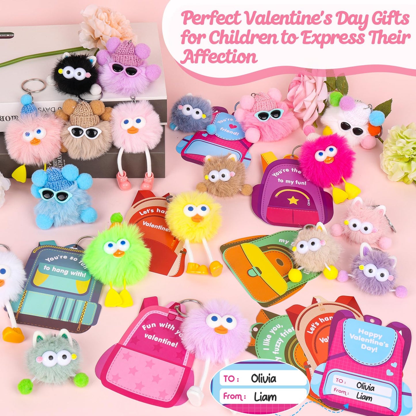 REZUCREY Valentines Plush Keychains for Kids — 24 Pack with Cards, Classroom Gifts