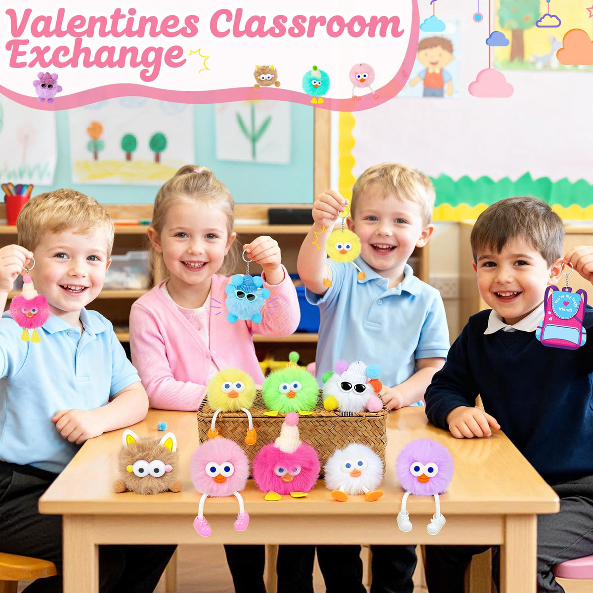 REZUCREY Valentines Plush Keychains for Kids — 24 Pack with Cards, Classroom Gifts