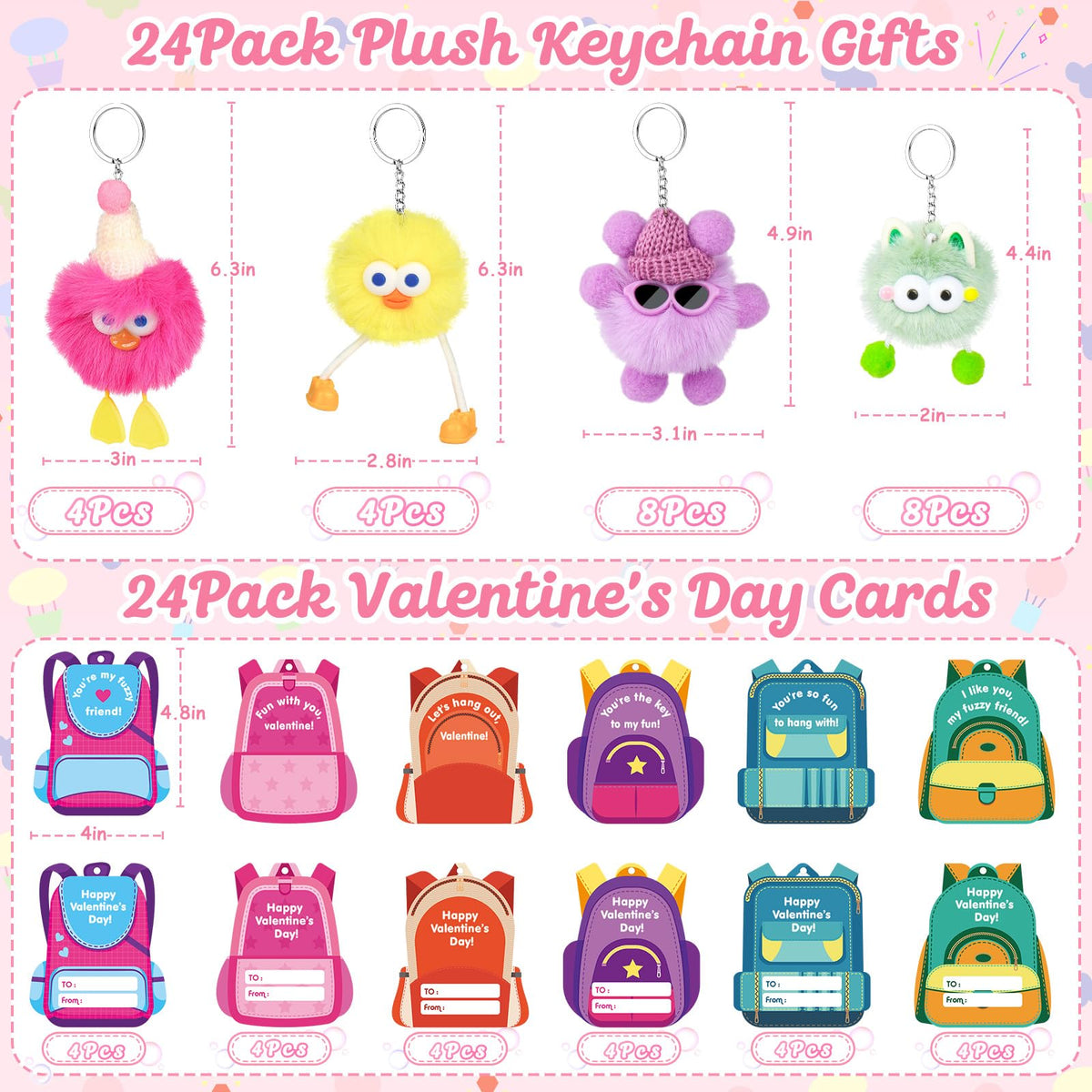REZUCREY Valentines Plush Keychains for Kids — 24 Pack with Cards, Classroom Gifts