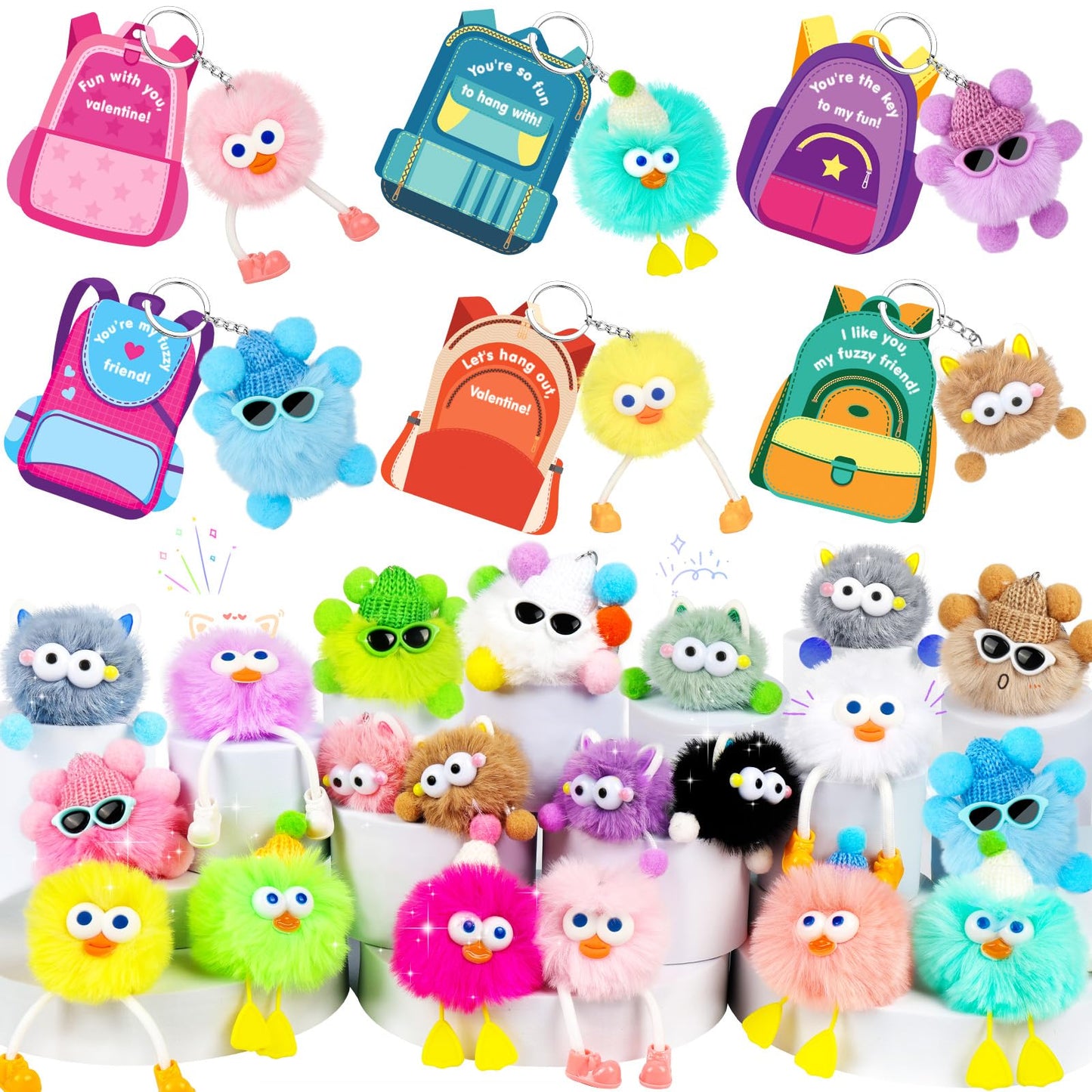 REZUCREY Valentines Plush Keychains for Kids — 24 Pack with Cards, Classroom Gifts