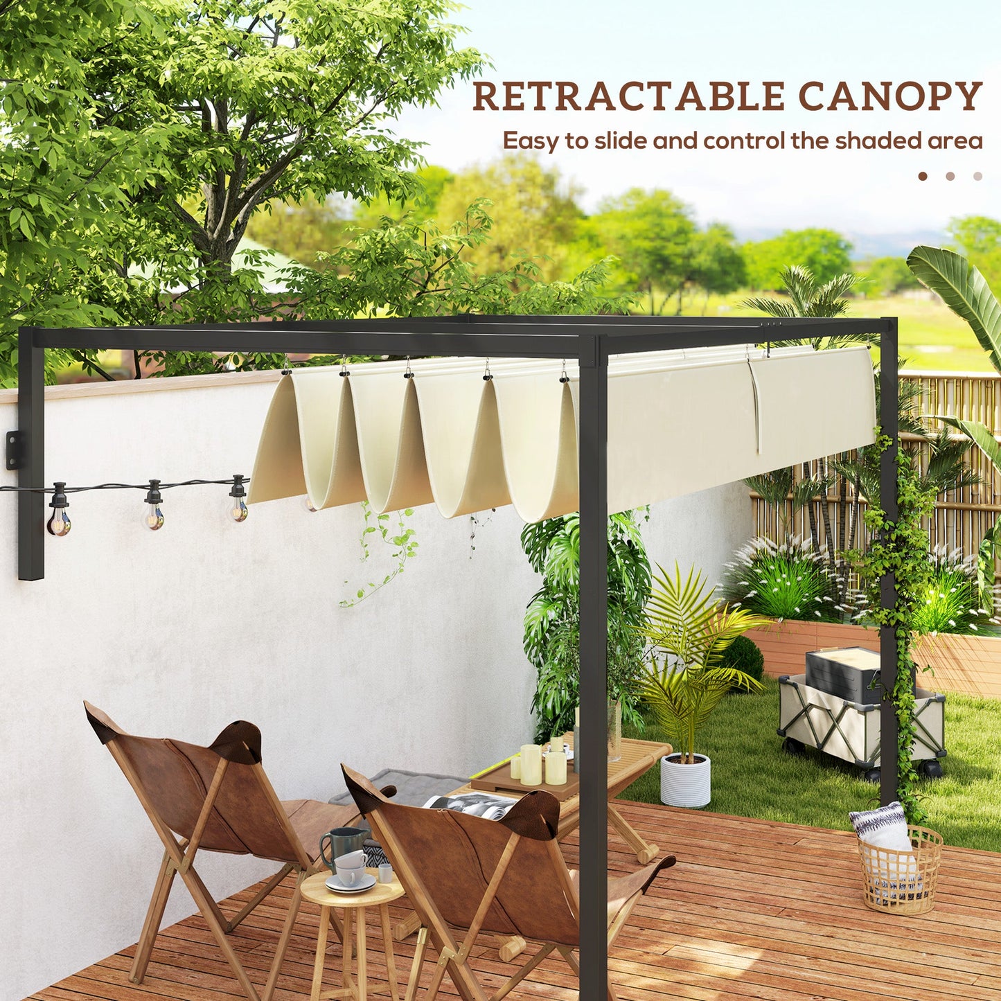 Outsunny 2 x 3(m) Wall Mounted Pergola with Retractable Roof, Khaki