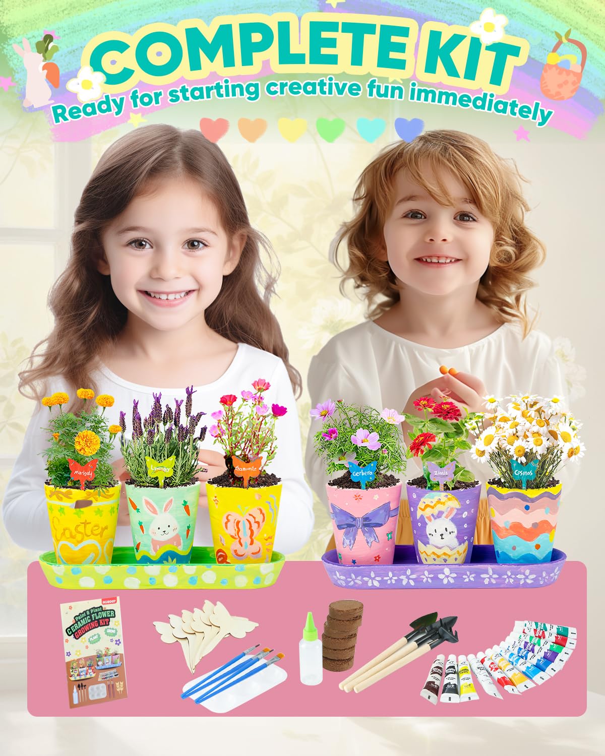 RGBDOT Kids Gardening Set: 6 Ceramic Pots, 12 Paint Tubes & Tools for Ages 5-12 | Arts & Crafts Gift