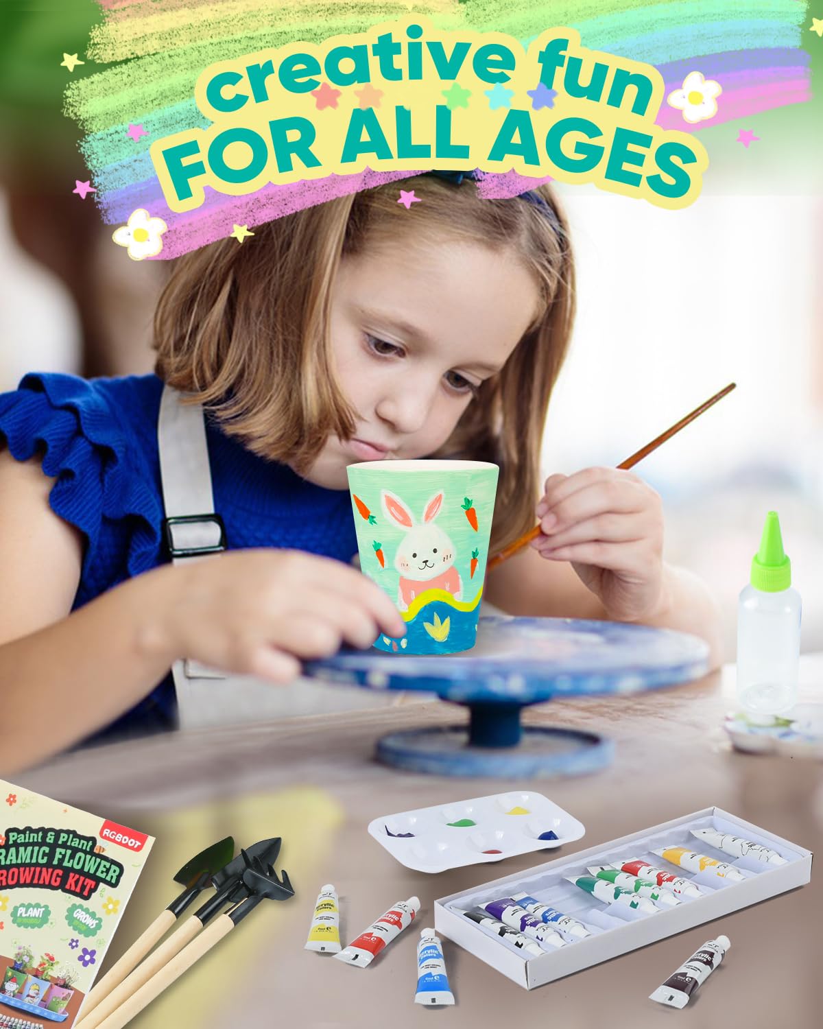 RGBDOT Kids Gardening Set: 6 Ceramic Pots, 12 Paint Tubes & Tools for Ages 5-12 | Arts & Crafts Gift