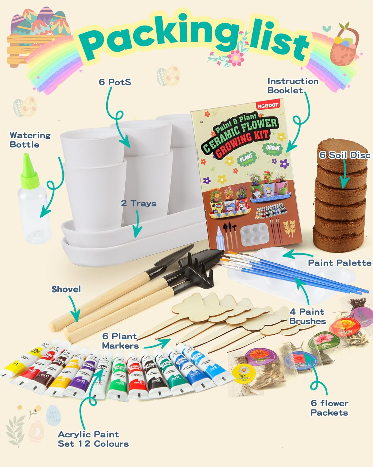 RGBDOT Kids Gardening Set: 6 Ceramic Pots, 12 Paint Tubes & Tools for Ages 5-12 | Arts & Crafts Gift