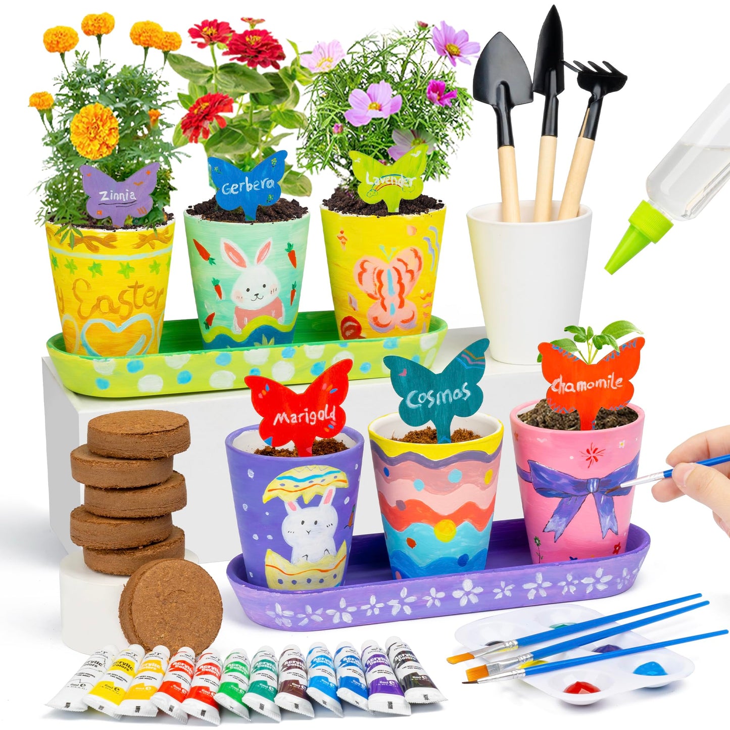 RGBDOT Kids Gardening Set: 6 Ceramic Pots, 12 Paint Tubes & Tools for Ages 5-12 | Arts & Crafts Gift