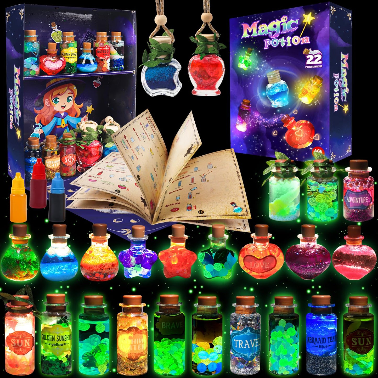 Rhybor Magic Potion Kit for Kids – 22 Enchanting Potions, Glow-in-the-Dark Craft Kit for Ages 6-10