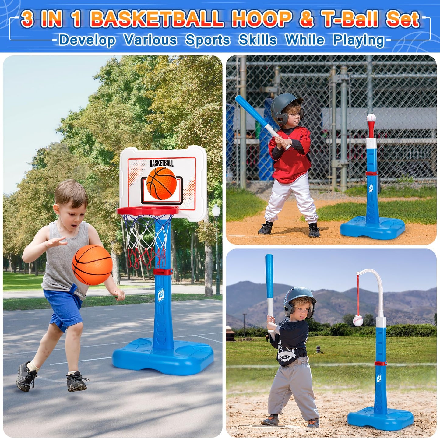 RIANEAN 3-in-1 Kids Basketball Hoop & T Ball Set — Adjustable Indoor/Outdoor Play