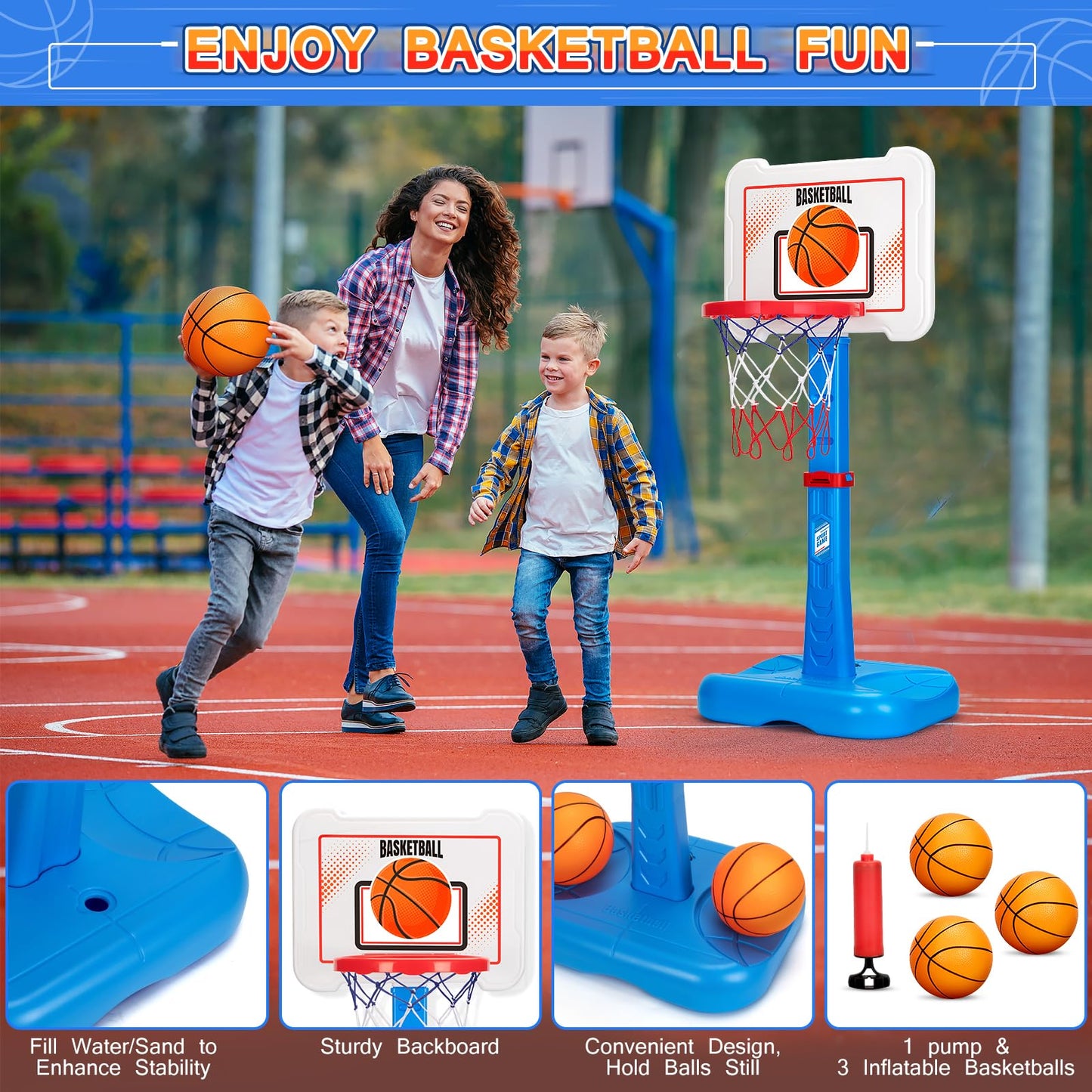 RIANEAN 3-in-1 Kids Basketball Hoop & T Ball Set — Adjustable Indoor/Outdoor Play