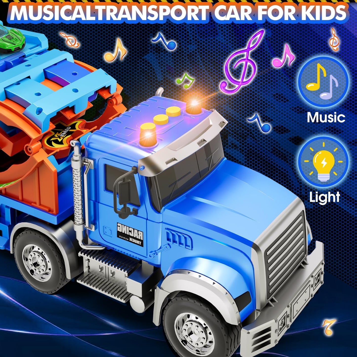 RIANEAN Kids Carrier Truck Race Track Toy Set — Lights, Sounds, 6 Metal Cars