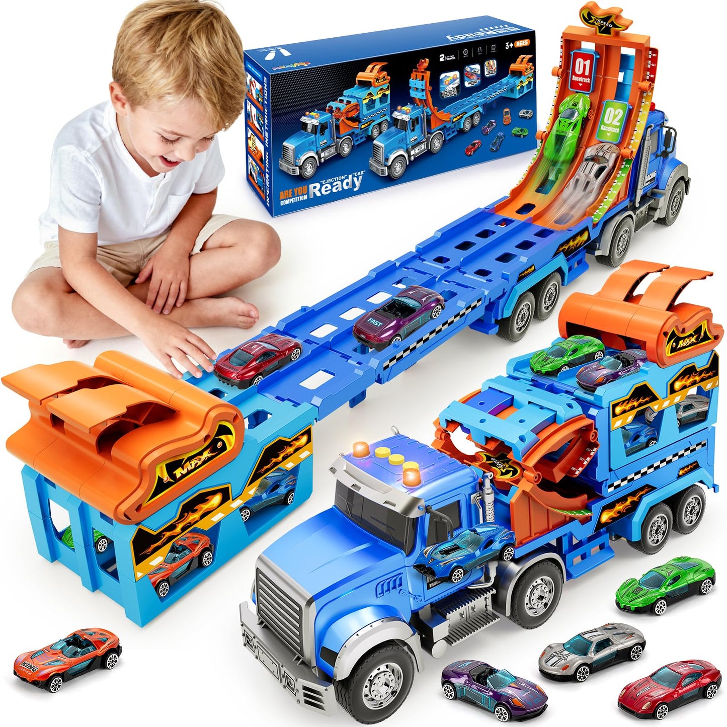 RIANEAN Kids Carrier Truck Race Track Toy Set — Lights, Sounds, 6 Metal Cars