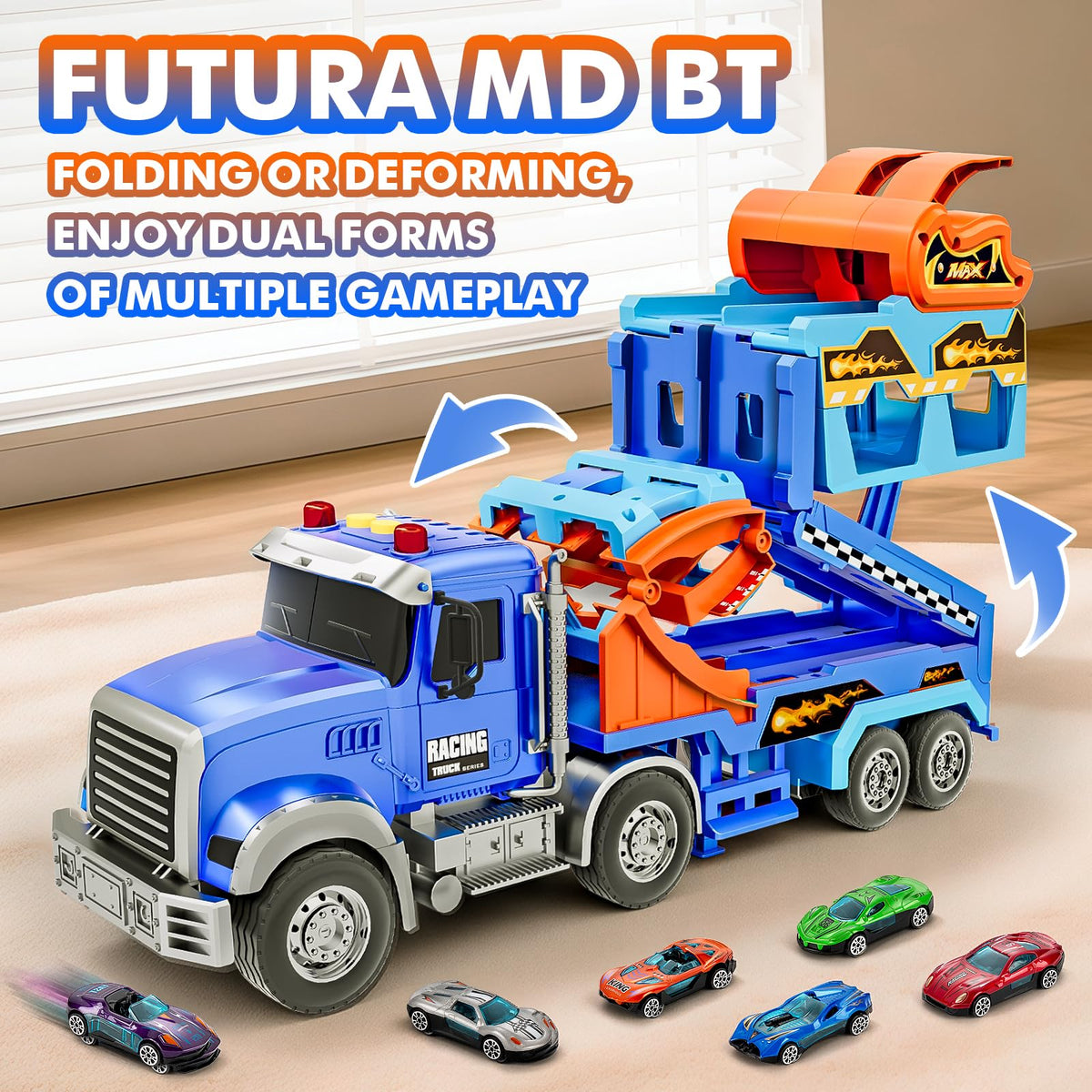 RIANEAN Kids Carrier Truck Race Track Toy Set — Lights, Sounds, 6 Metal Cars