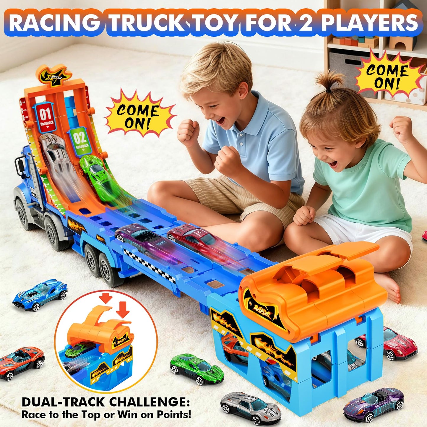 RIANEAN Kids Carrier Truck Race Track Toy Set — Lights, Sounds, 6 Metal Cars