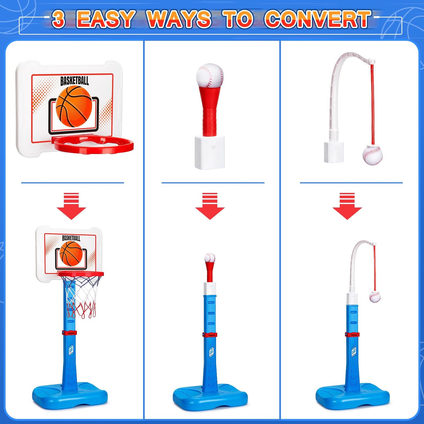 RIANEAN 3-in-1 Kids Basketball Hoop & T Ball Set — Adjustable Indoor/Outdoor Play