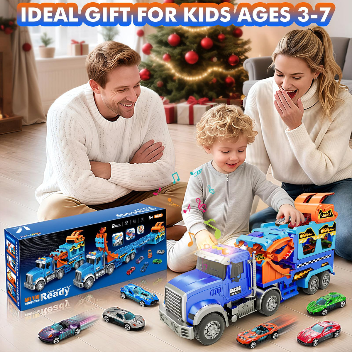 RIANEAN Kids Carrier Truck Race Track Toy Set — Lights, Sounds, 6 Metal Cars