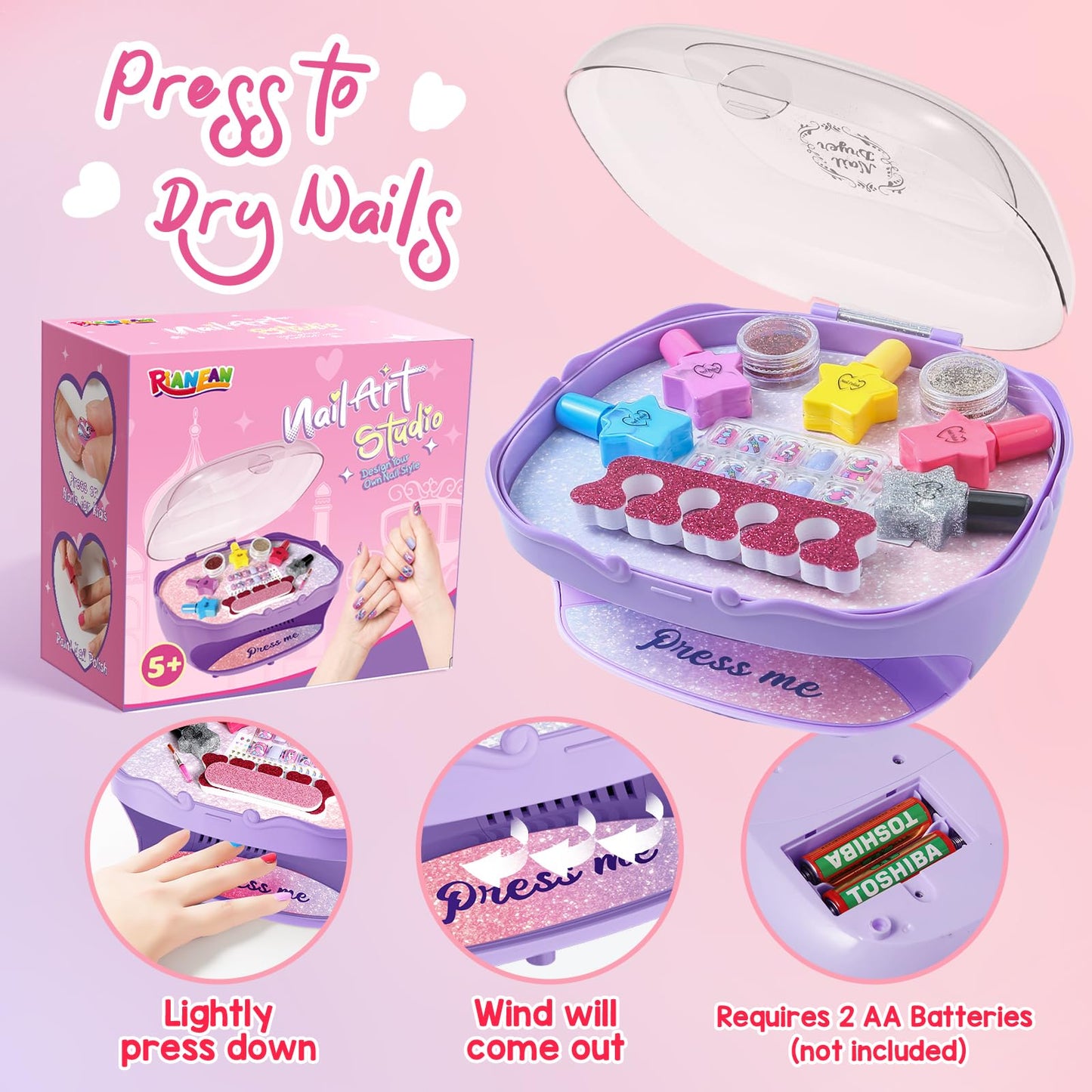 RIANEAN Girls Nail Polish Set Purple – Safe Creative Kit for Ages 5-10