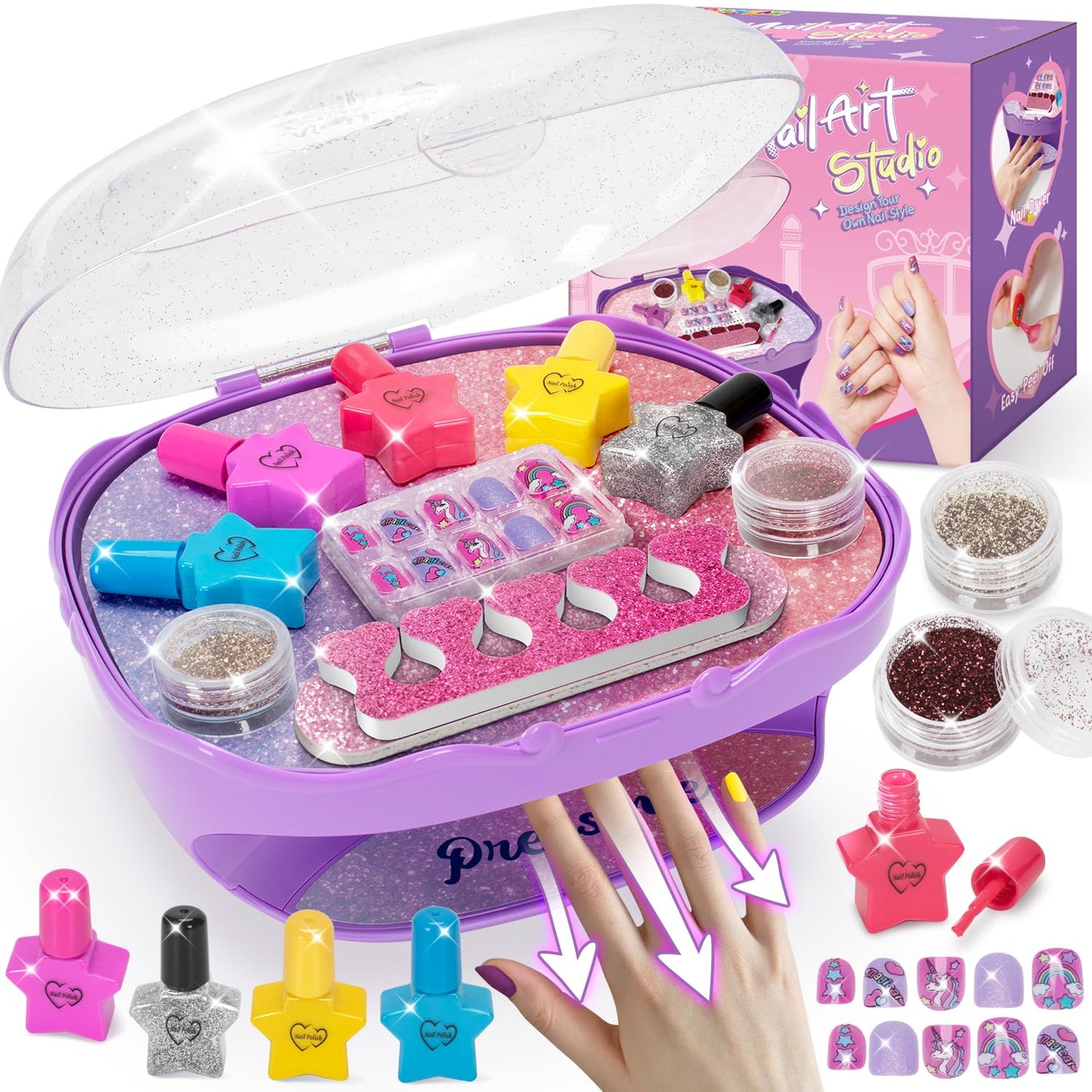 RIANEAN Girls Nail Polish Set Purple – Safe Creative Kit for Ages 5-10