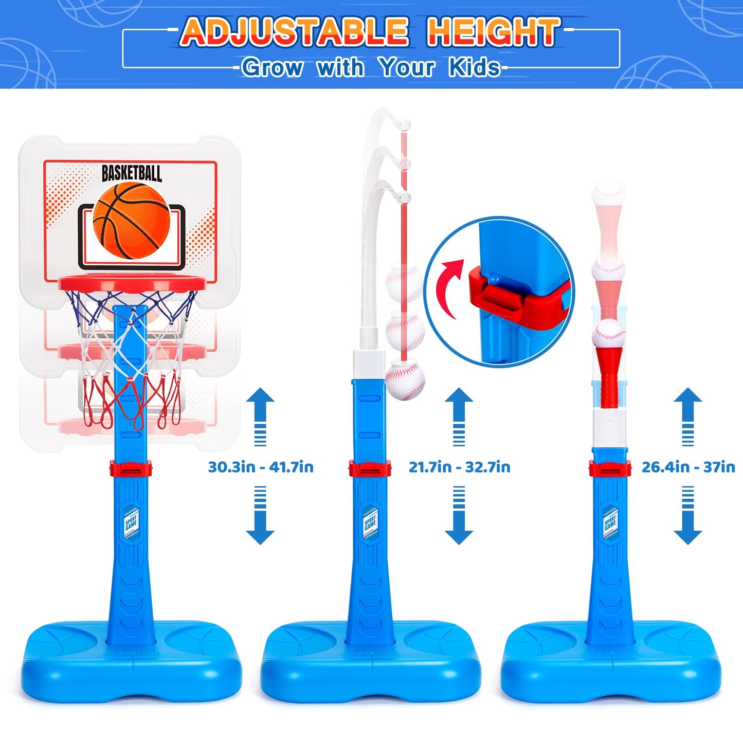 RIANEAN 3-in-1 Kids Basketball Hoop & T Ball Set — Adjustable Indoor/Outdoor Play