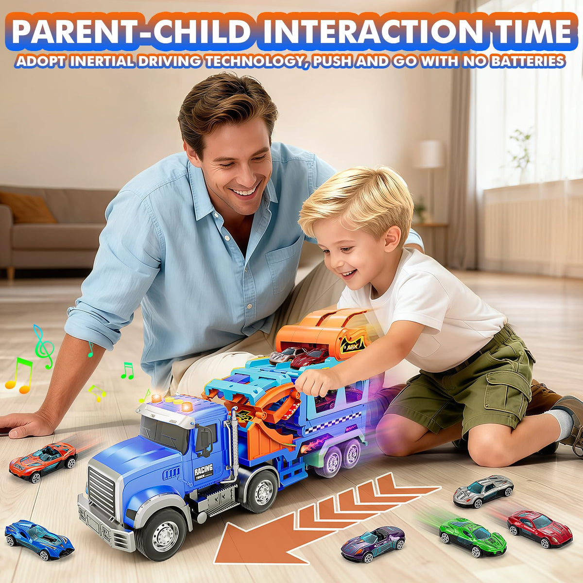 RIANEAN Kids Carrier Truck Race Track Toy Set — Lights, Sounds, 6 Metal Cars