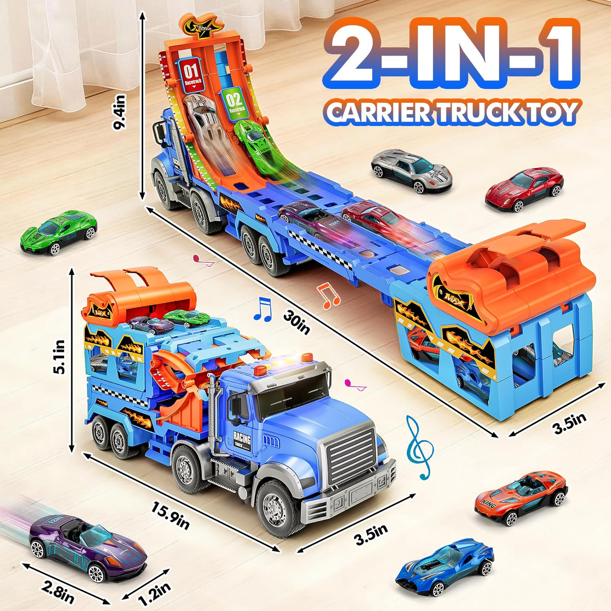 RIANEAN Kids Carrier Truck Race Track Toy Set — Lights, Sounds, 6 Metal Cars