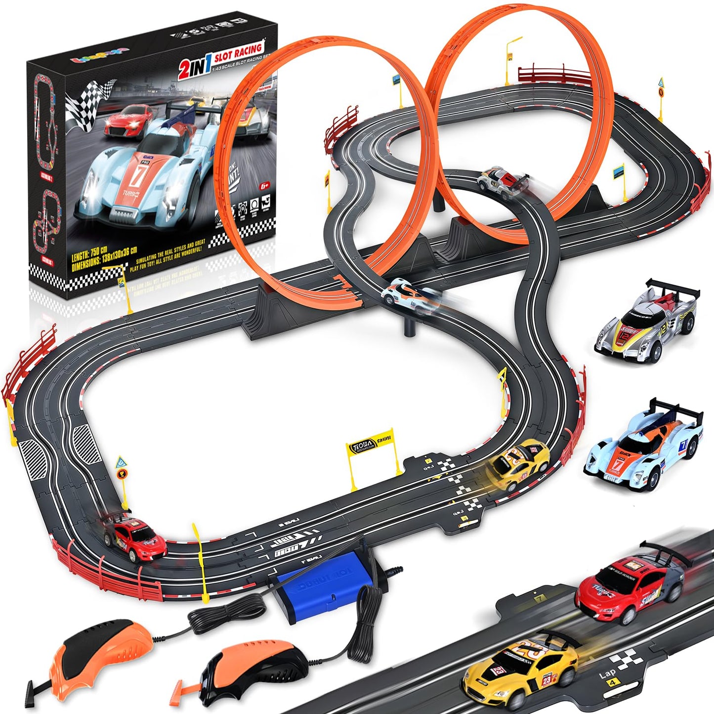 RIANEAN Slot Car Race Track Sets – 2-in-1 Dual Track with 4 Cars