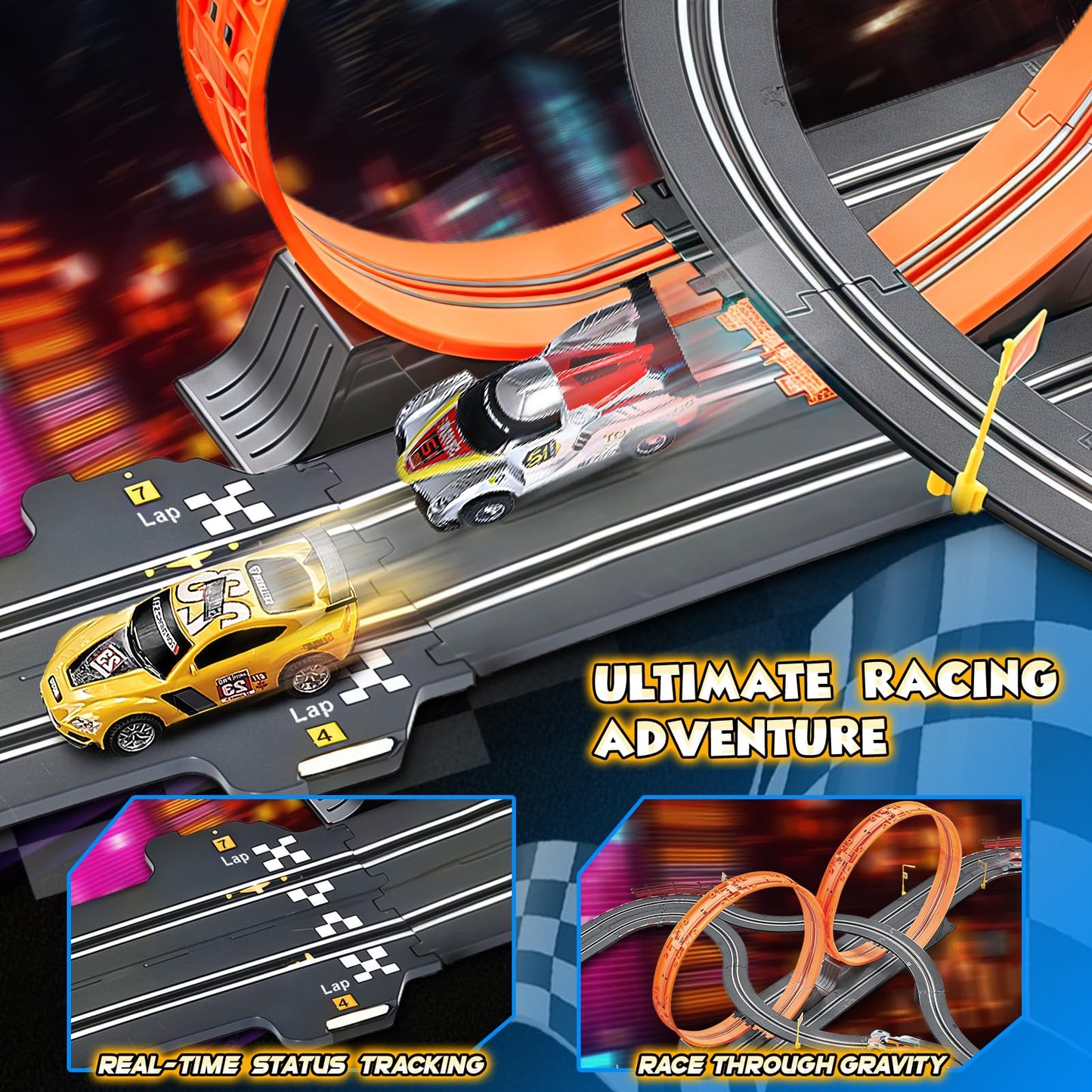 RIANEAN Slot Car Race Track Sets – 2-in-1 Dual Track with 4 Cars